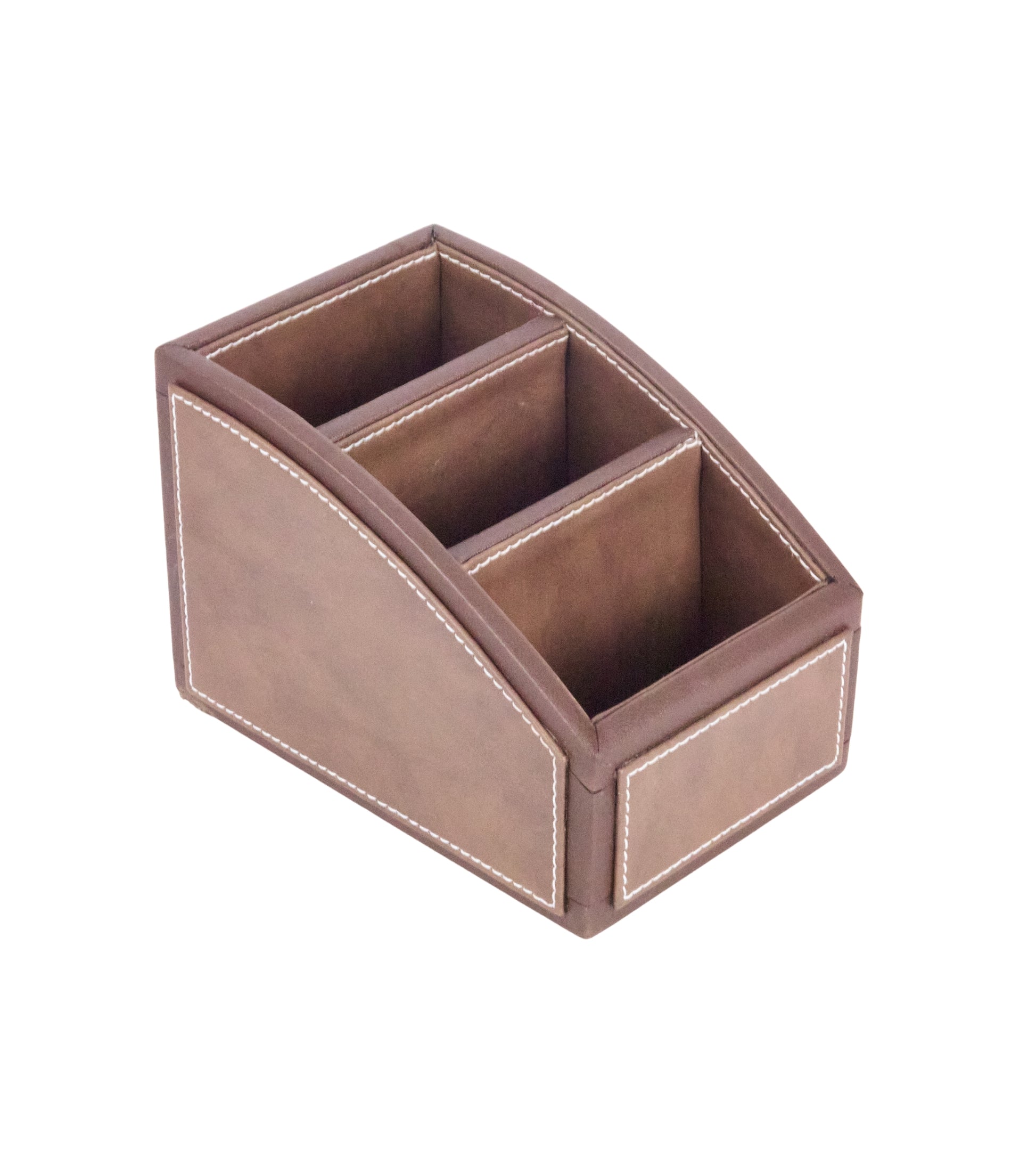 Two-tone remote holder with 3 compartments; light brown organizer with contrast panels