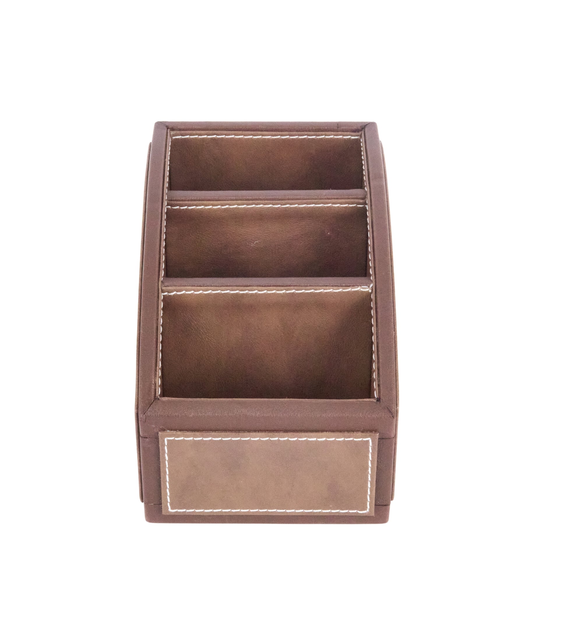 Two-tone remote holder, 3 compartments; dark brown with light trim and stitched edges