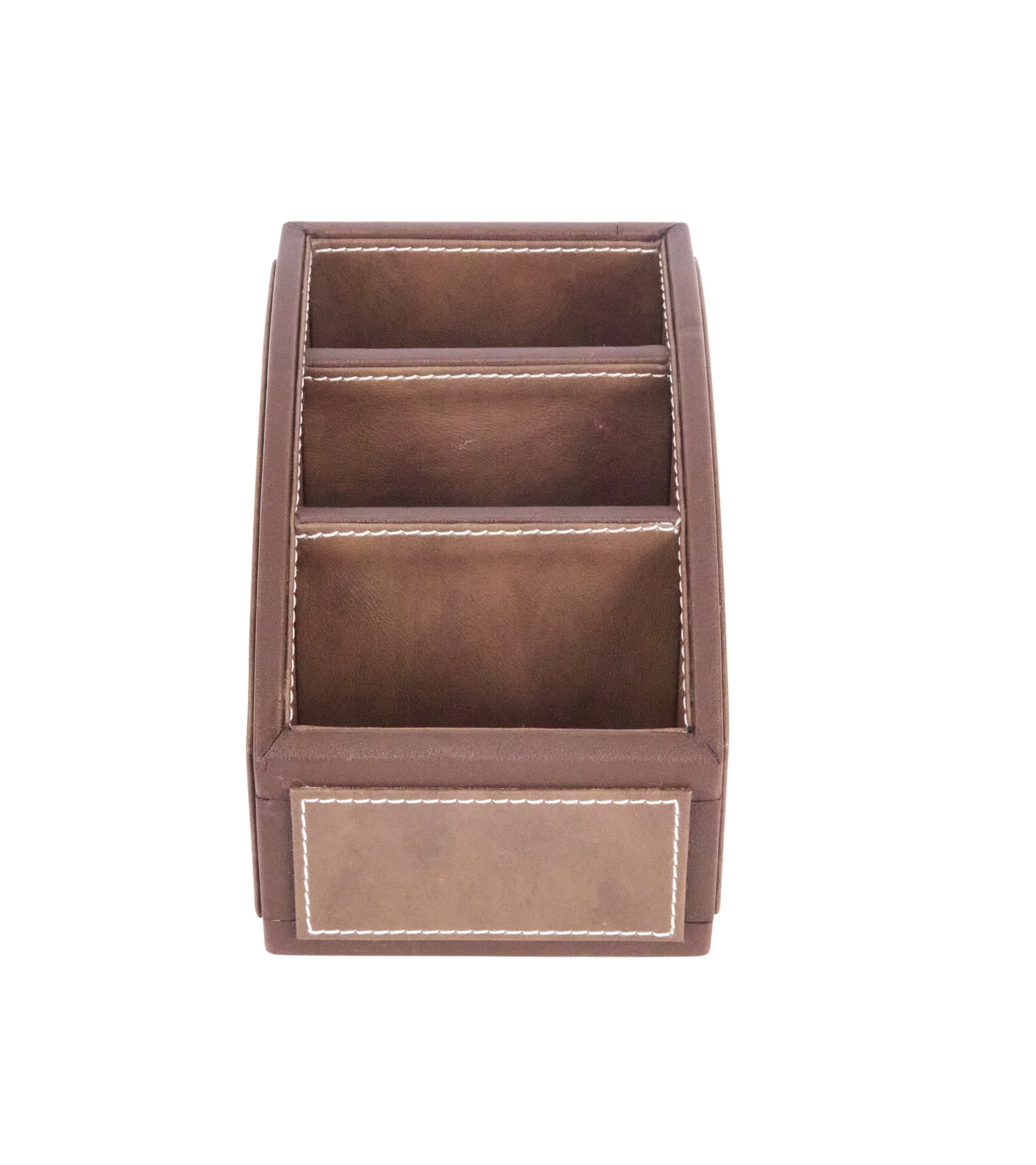 Two-tone remote holder, 3 compartments; dark brown with light trim and stitched edges