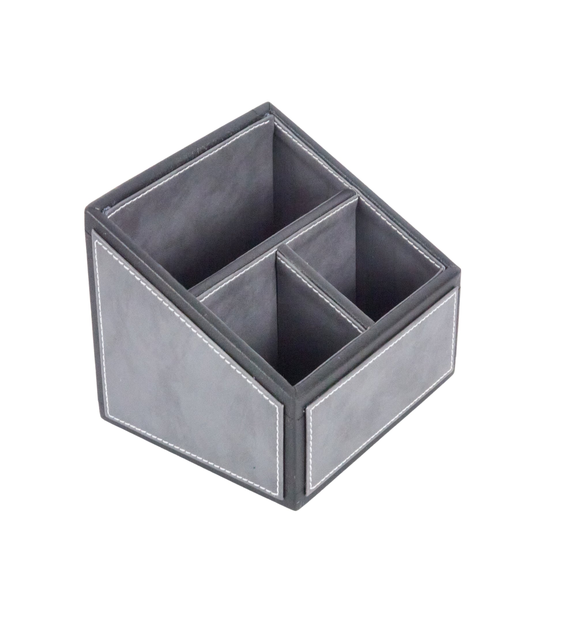 Rectangular two-tone remote holder with 3 divided sections and grey fabric sides