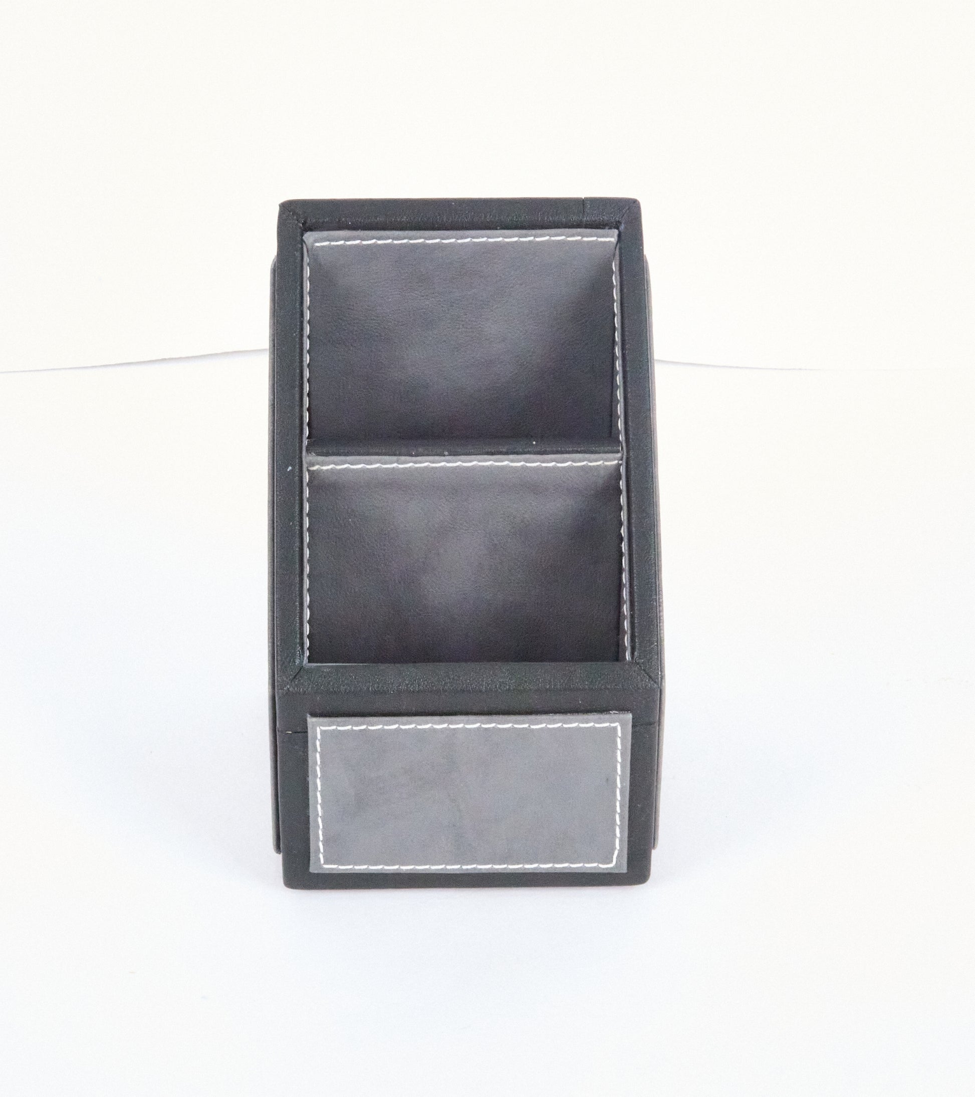 Two-compartment remote holder, gray faux leather with front pocket panel