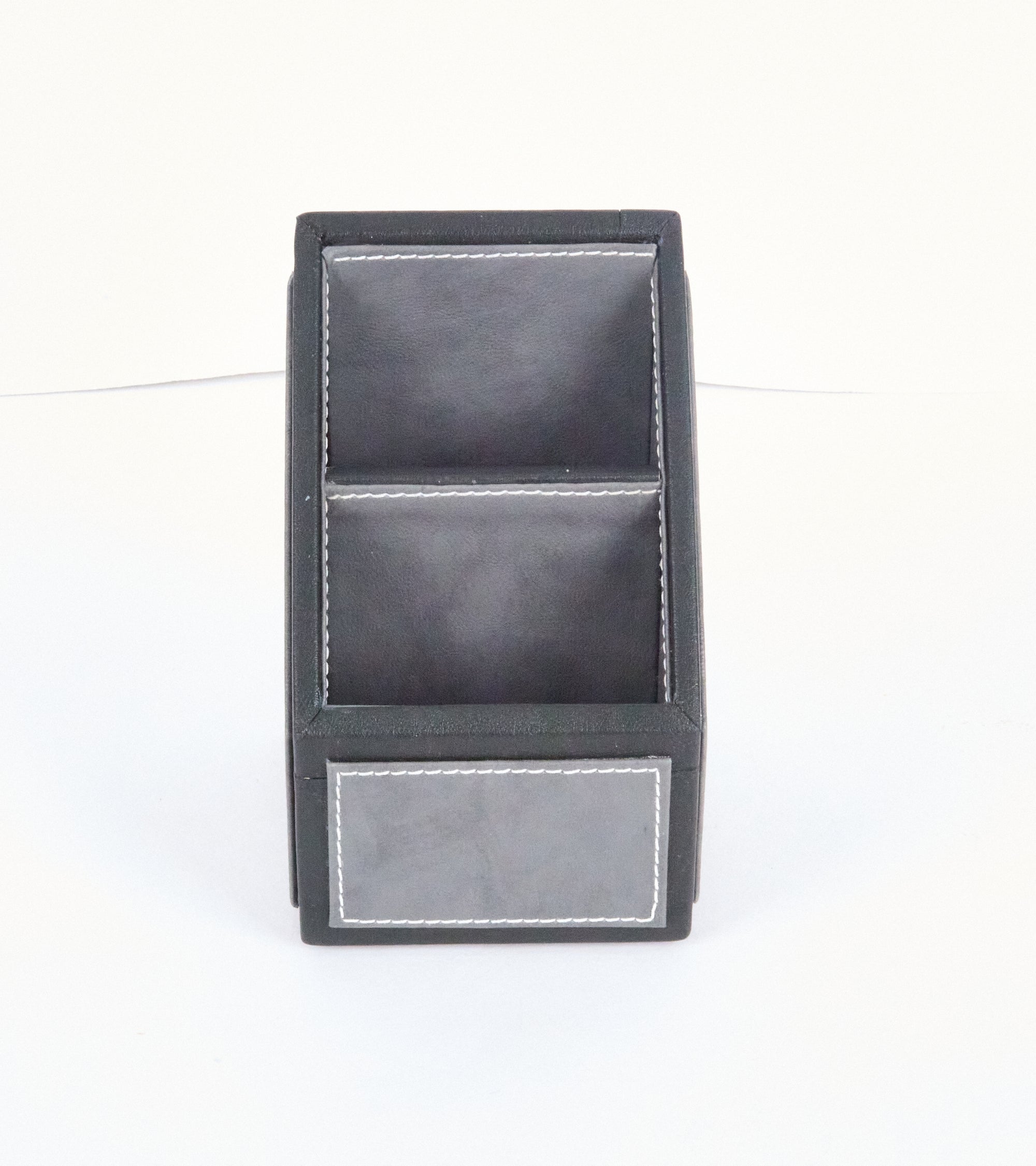 Two-compartment remote holder, gray faux leather with front pocket panel