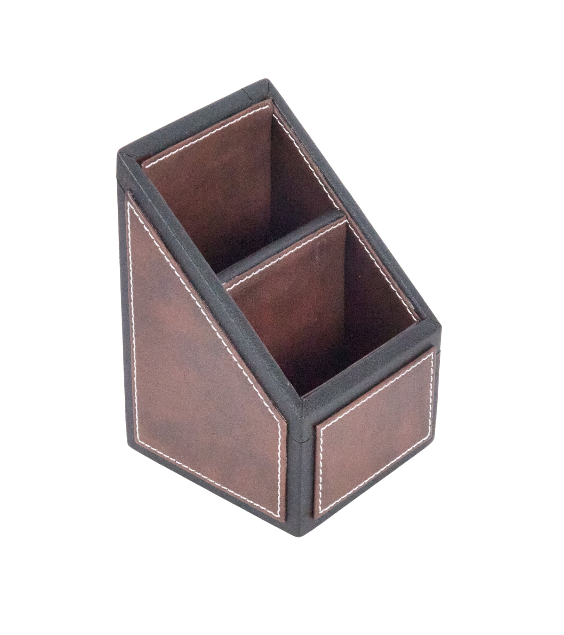 Two-compartment remote holder, brown faux leather with stitched double compartments