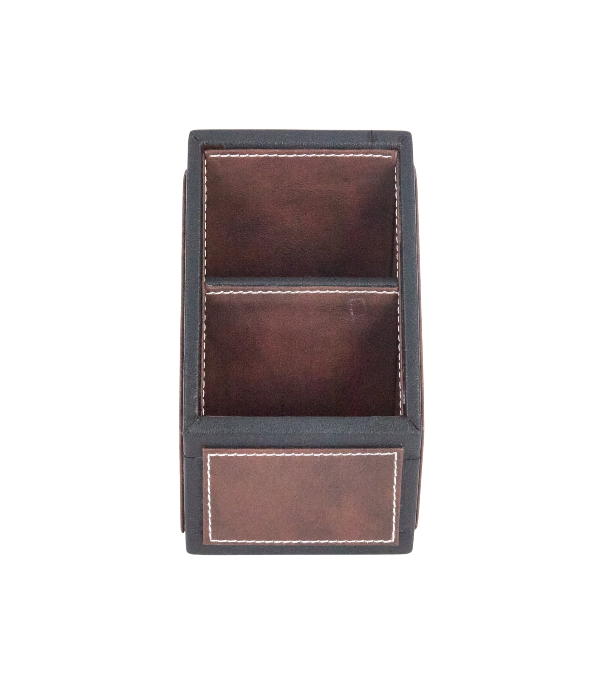 Two-compartment remote holder, dark brown faux leather with light stitching