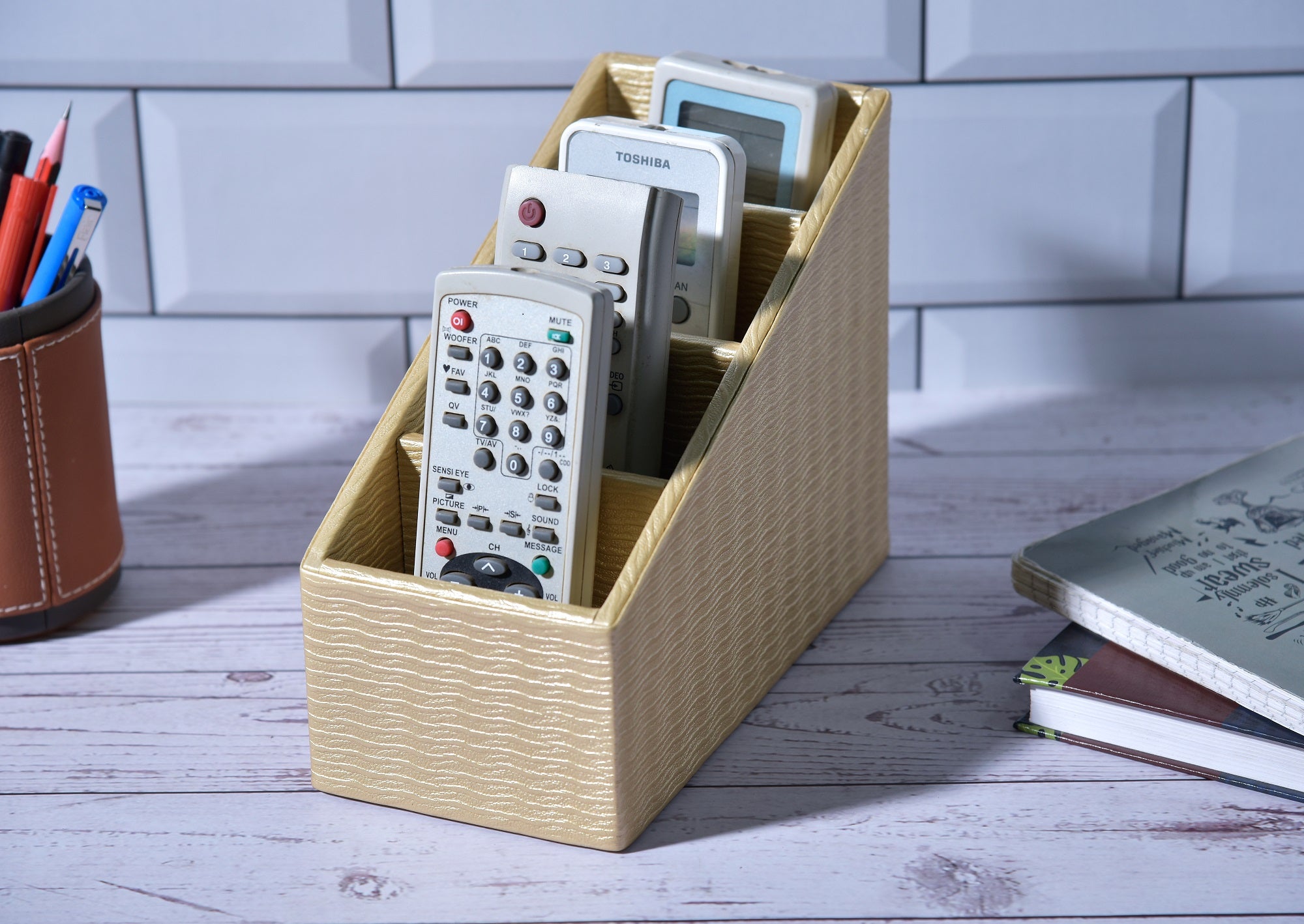 Premsons® Plain Remote Holder - Stylish Organizer - 4 Compartments - Golden Wavy
