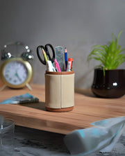 Premsons® Pen Stand Two-Tone Vegan Leather - Stylish Beige & Orange Leatherette Desk Organizer for Home & Office - Durable Faux Leather Stationery Holder, Elegant Design