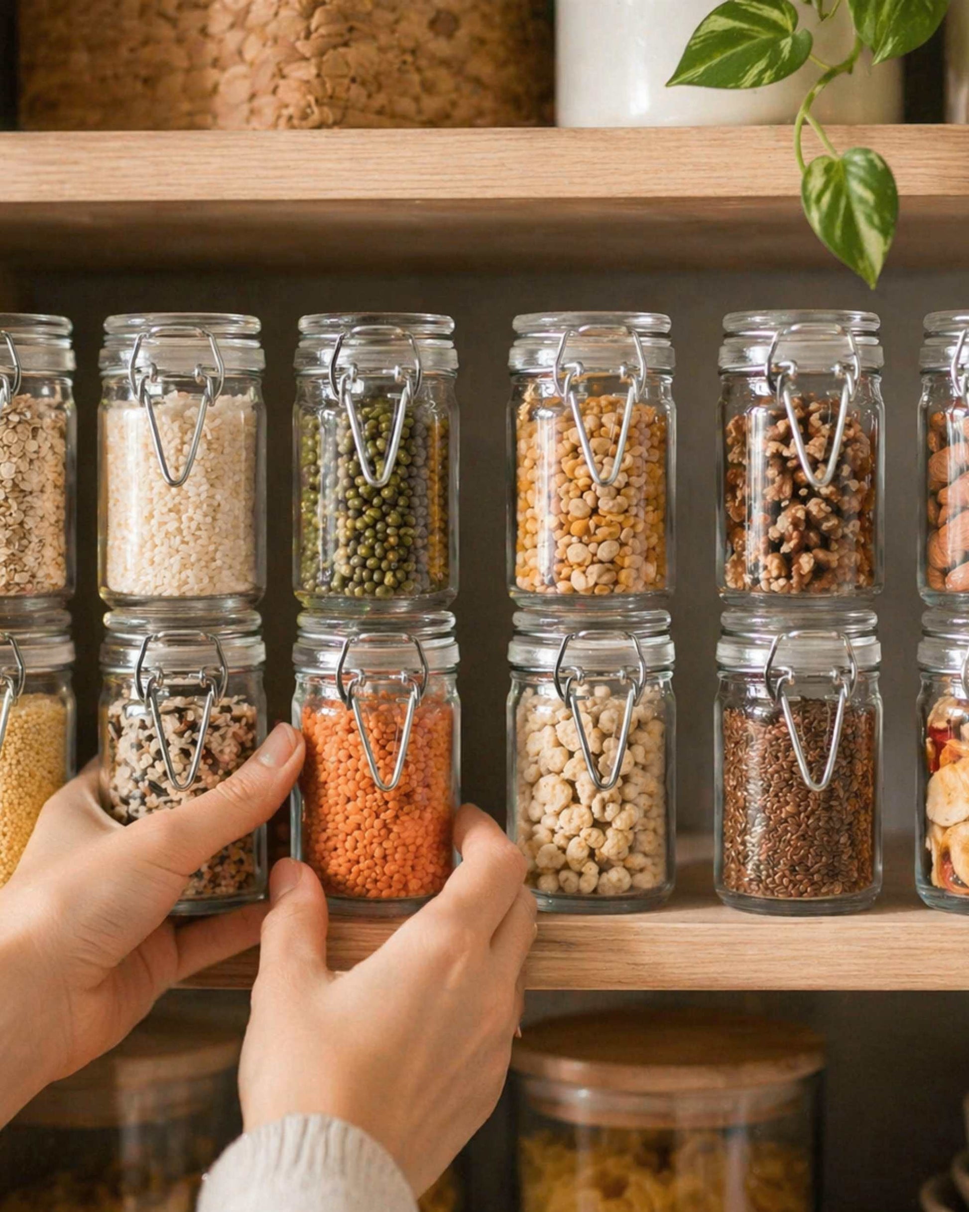 Clear glass jars with clip-lock lids on a shelf, filled with assorted dried grains