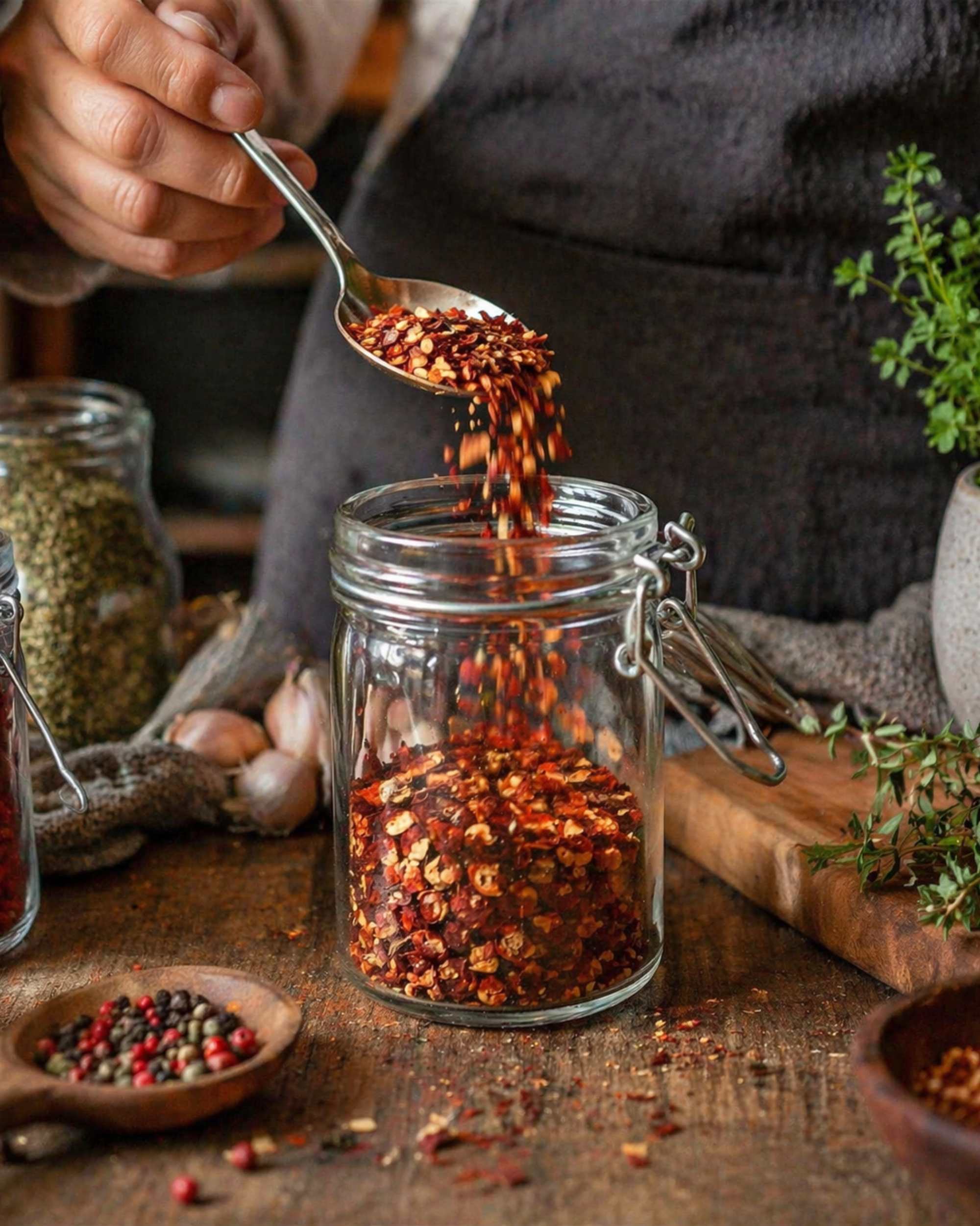 Clear glass clip-lock jar filled with mixed spice flakes as a hand pours