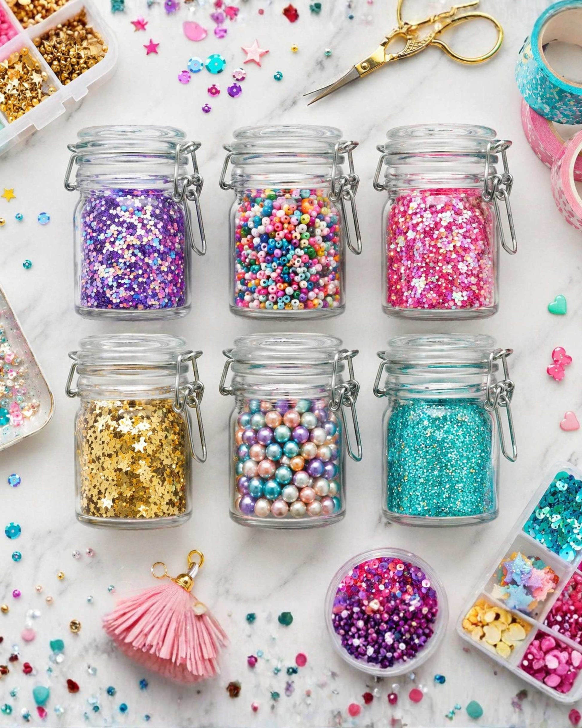 Set of small clear glass storage jars with clip-lock lids, filled with colorful sprinkles