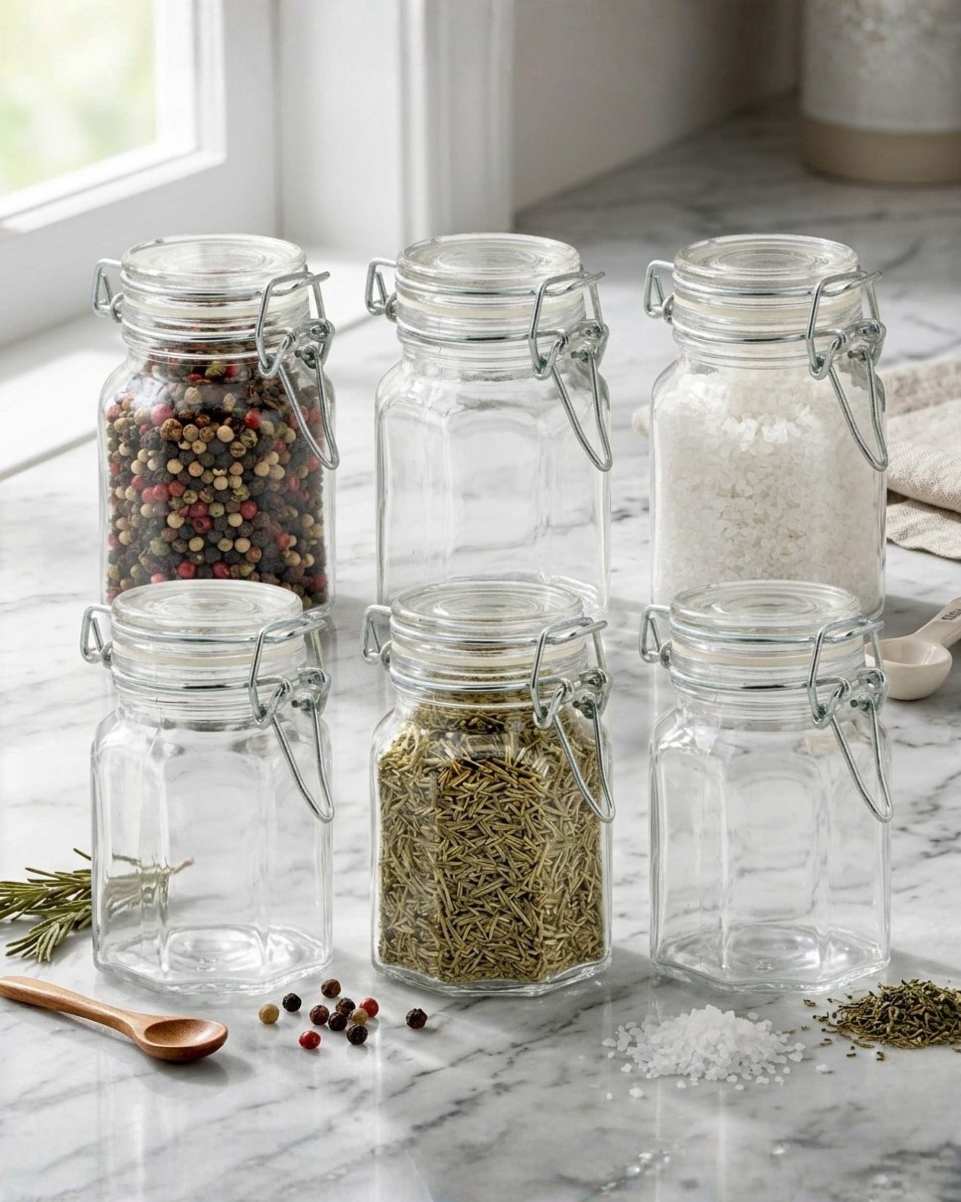 Glass storage jar set with clip-top lids, filled with spices and dried herbs