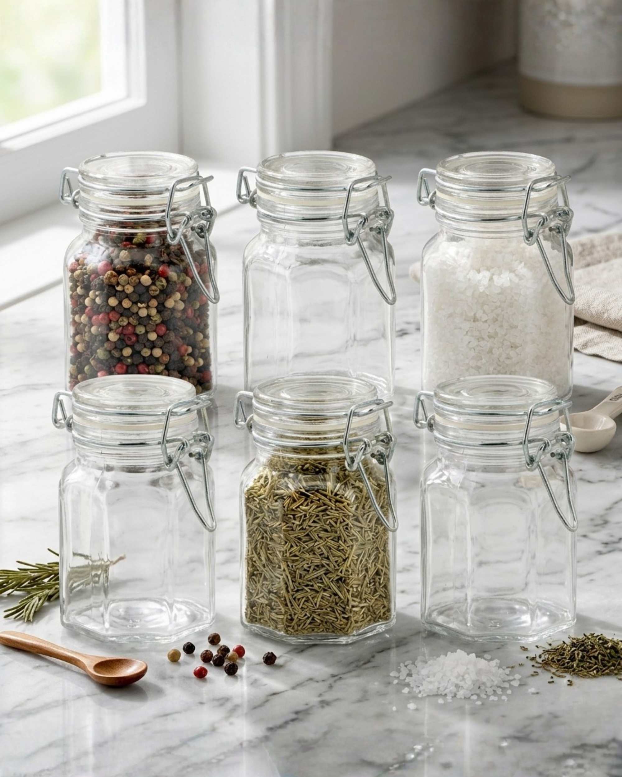 Premsons® Airtight Hexagon Glass Jars 60ml (Pack of 6) | Clip Top Lid, Wide Mouth Design | Perfect for Spices, Masala & Dry Food Storage