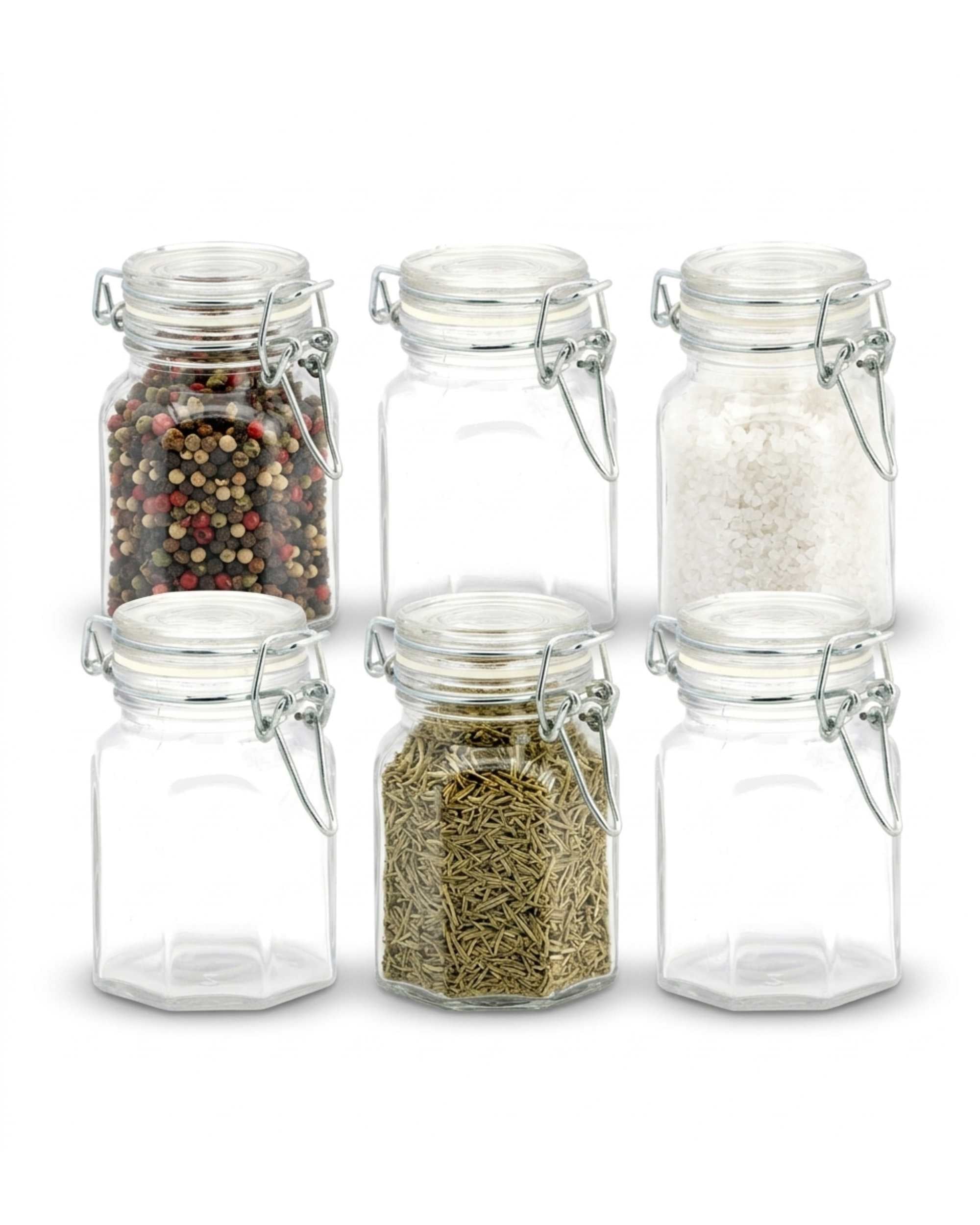 Premsons® Airtight Hexagon Glass Jars 60ml (Pack of 6) | Clip Top Lid, Wide Mouth Design | Perfect for Spices, Masala & Dry Food Storage