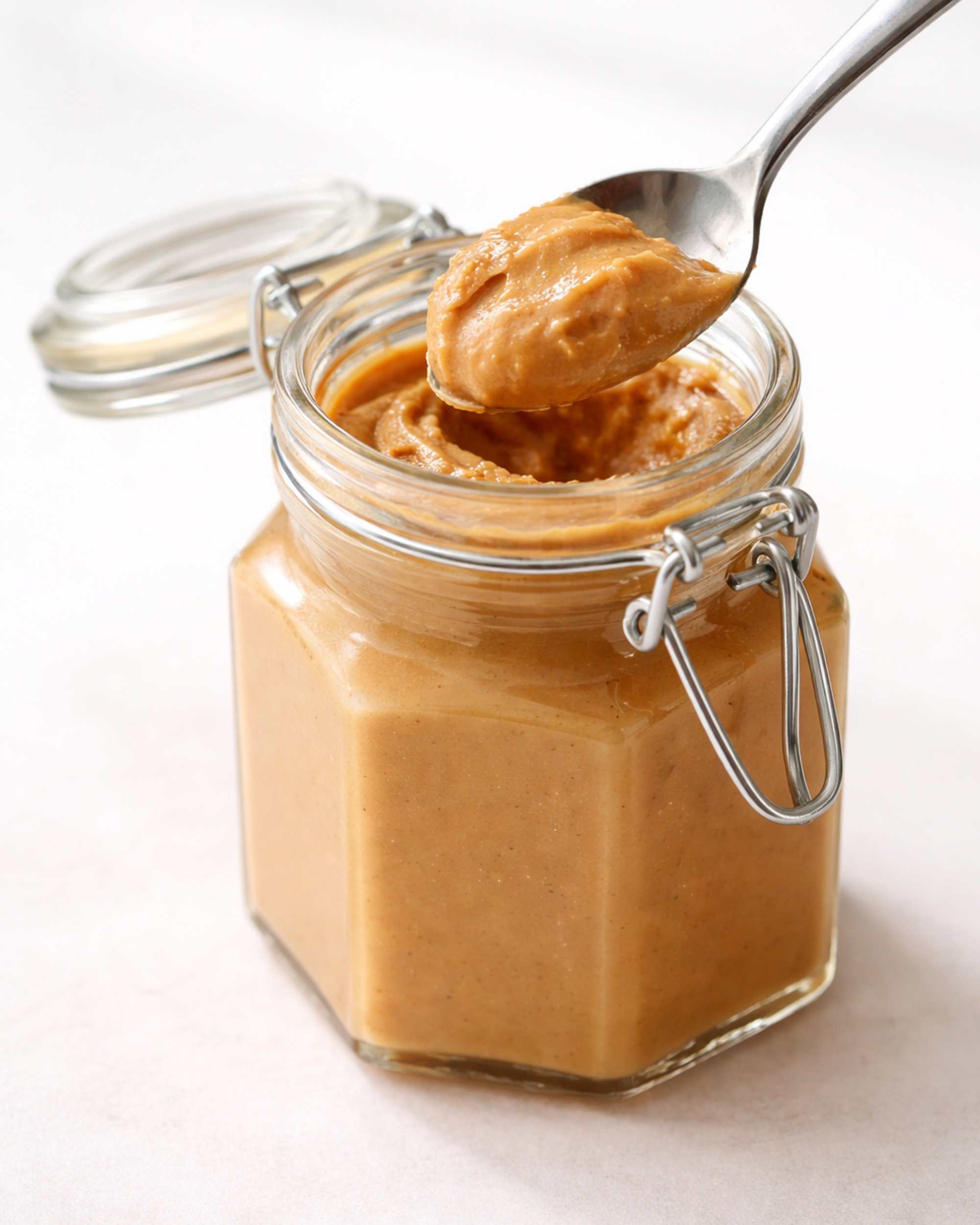 Clear glass storage jar with clip-top lid, filled with caramel spread and spoon