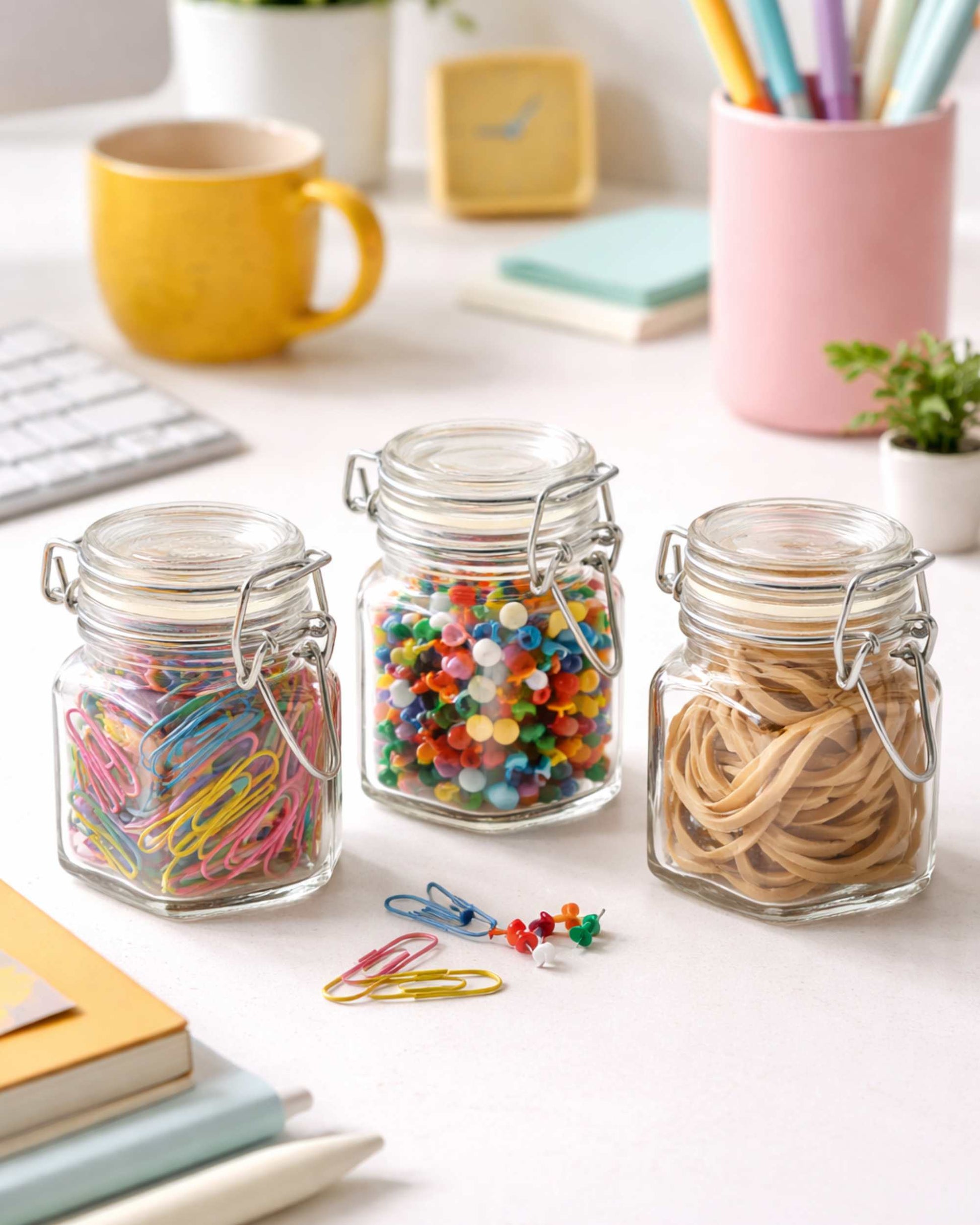 Glass storage jars with clip-top lids, filled with colorful candy beads and noodles