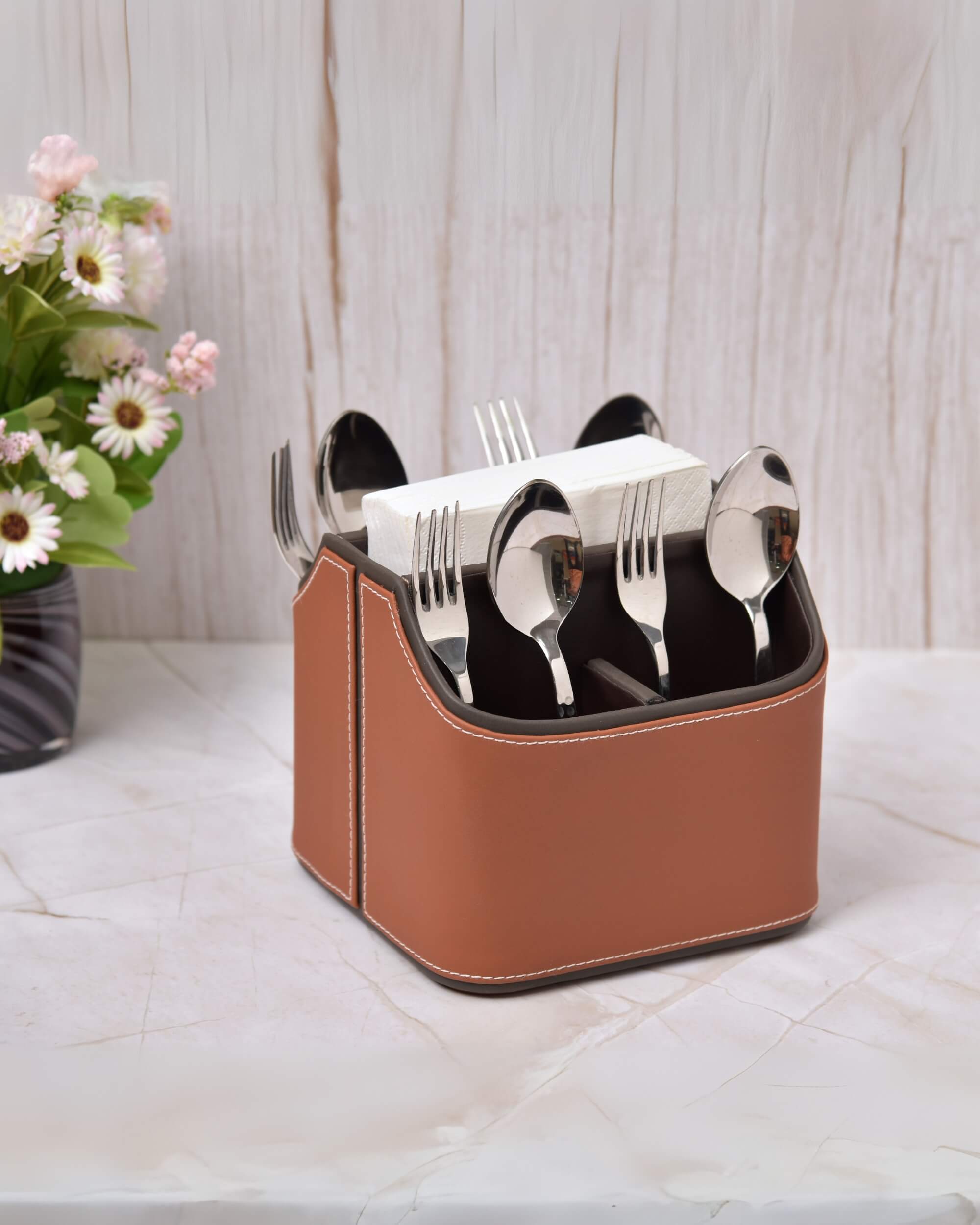 Premsons® Leatherette Cutlery Holder | Multipurpose Organizer for Kitchen and Tableware (Orange & Grey, 5 Section)