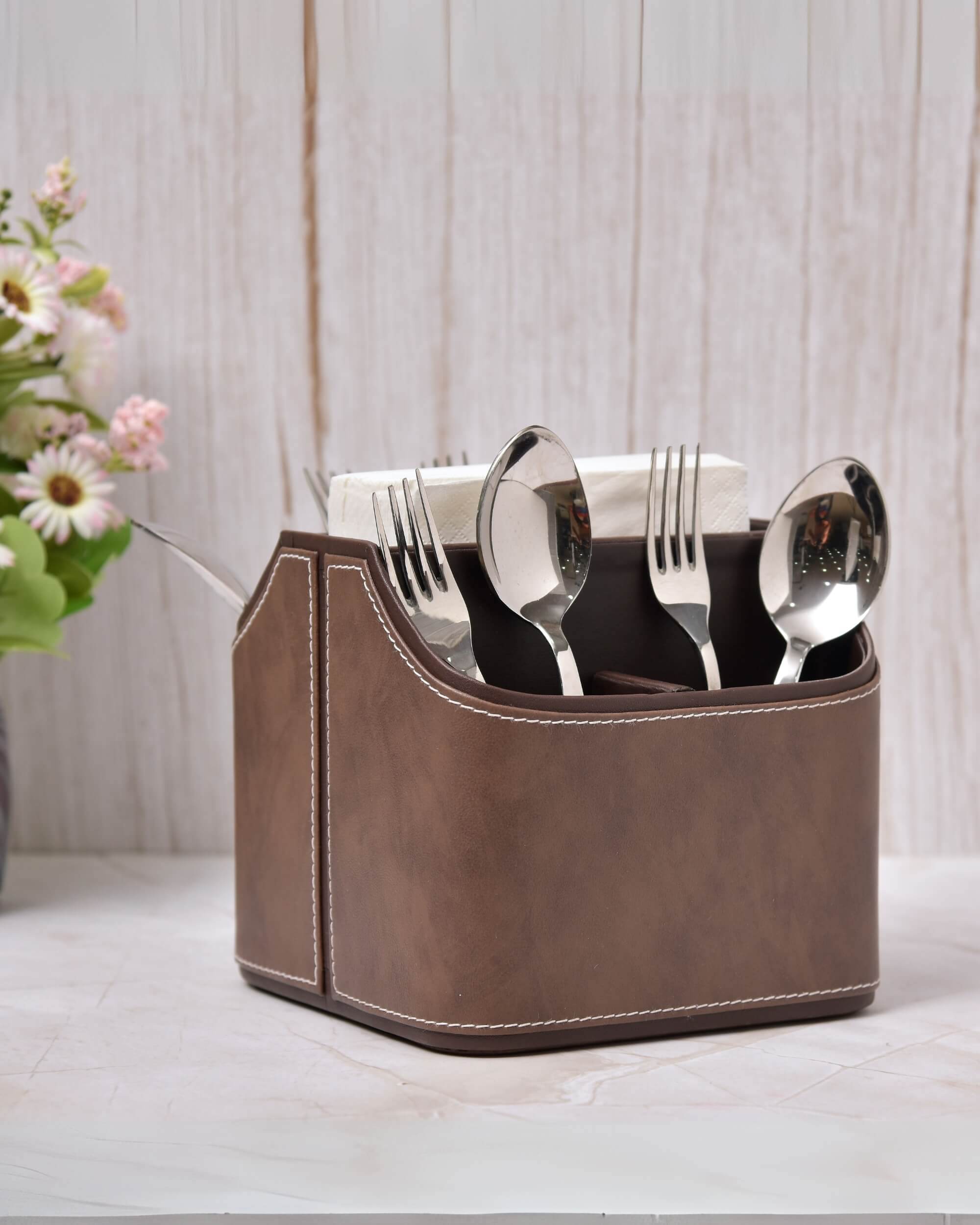 Premsons® Leatherette Cutlery Holder | Multipurpose Organizer for Kitchen and Tableware (Light Brown & Dark Brown, 5 Section)