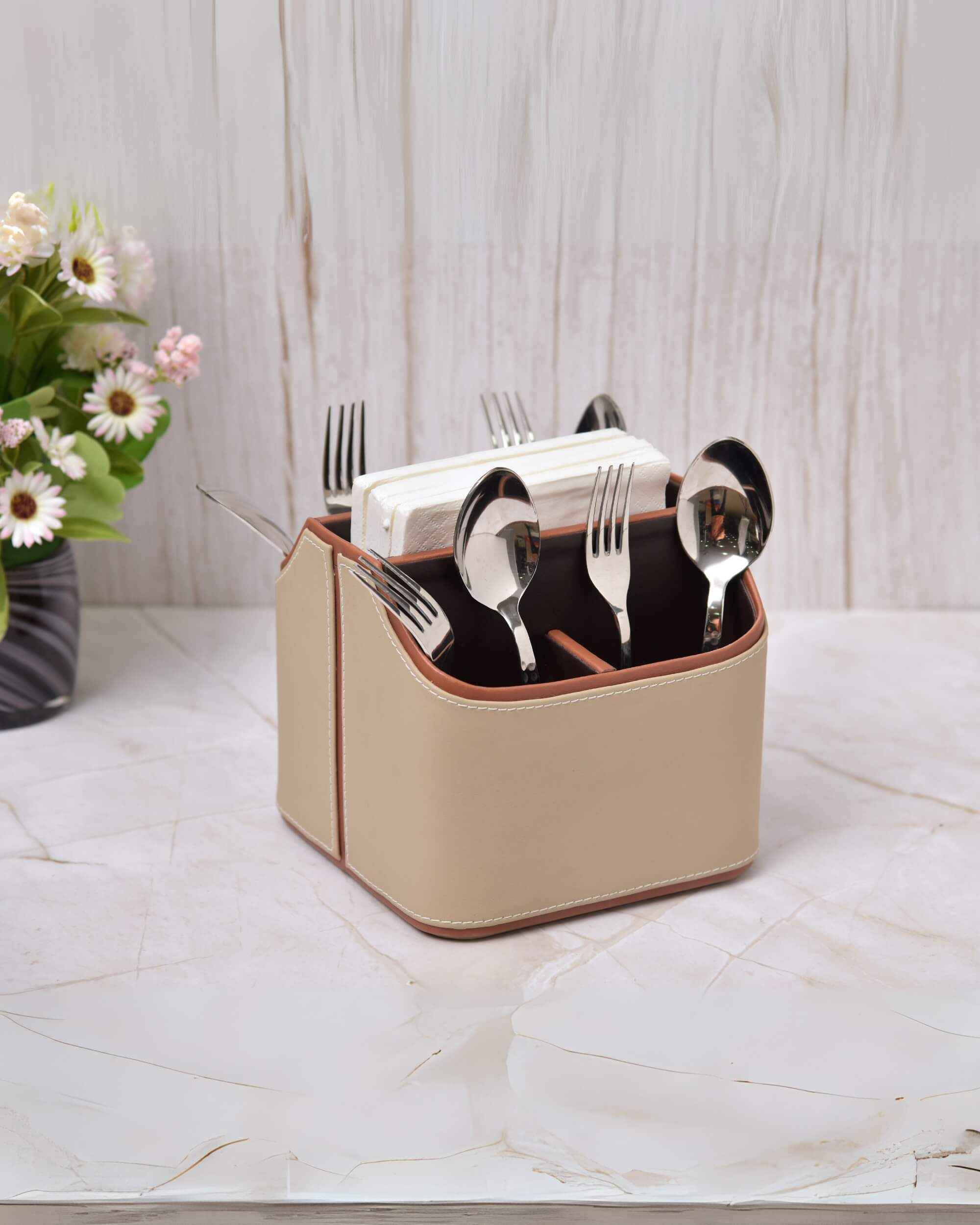 Premsons® Leatherette Cutlery Holder | Multipurpose Organizer for Kitchen and Tableware (Beige & Orange, 5 Section)
