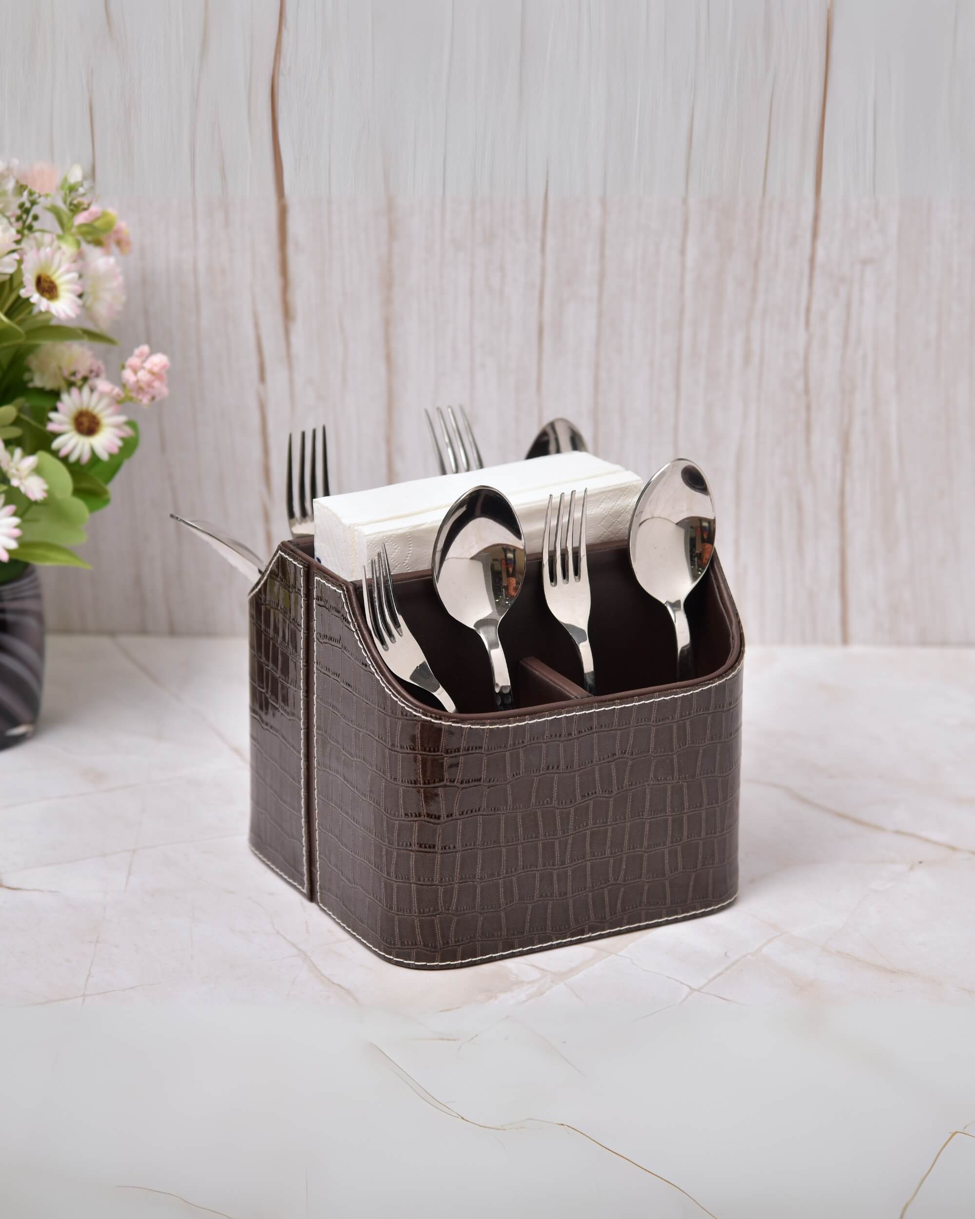 Premsons® Leatherette Cutlery Holder | Multipurpose Organizer for Kitchen and Tableware (Croc - Dark Brown, 5 Section)