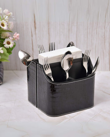 Premsons® Leatherette Cutlery Holder | Multipurpose Organizer for Kitchen and Tableware (Croc - Black, 5 Section)