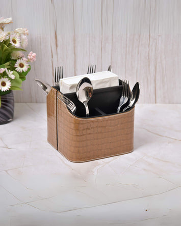 Premsons® Leatherette Cutlery Holder | Multipurpose Organizer for Kitchen and Tableware (Croc - Light Brown, 5 Section)