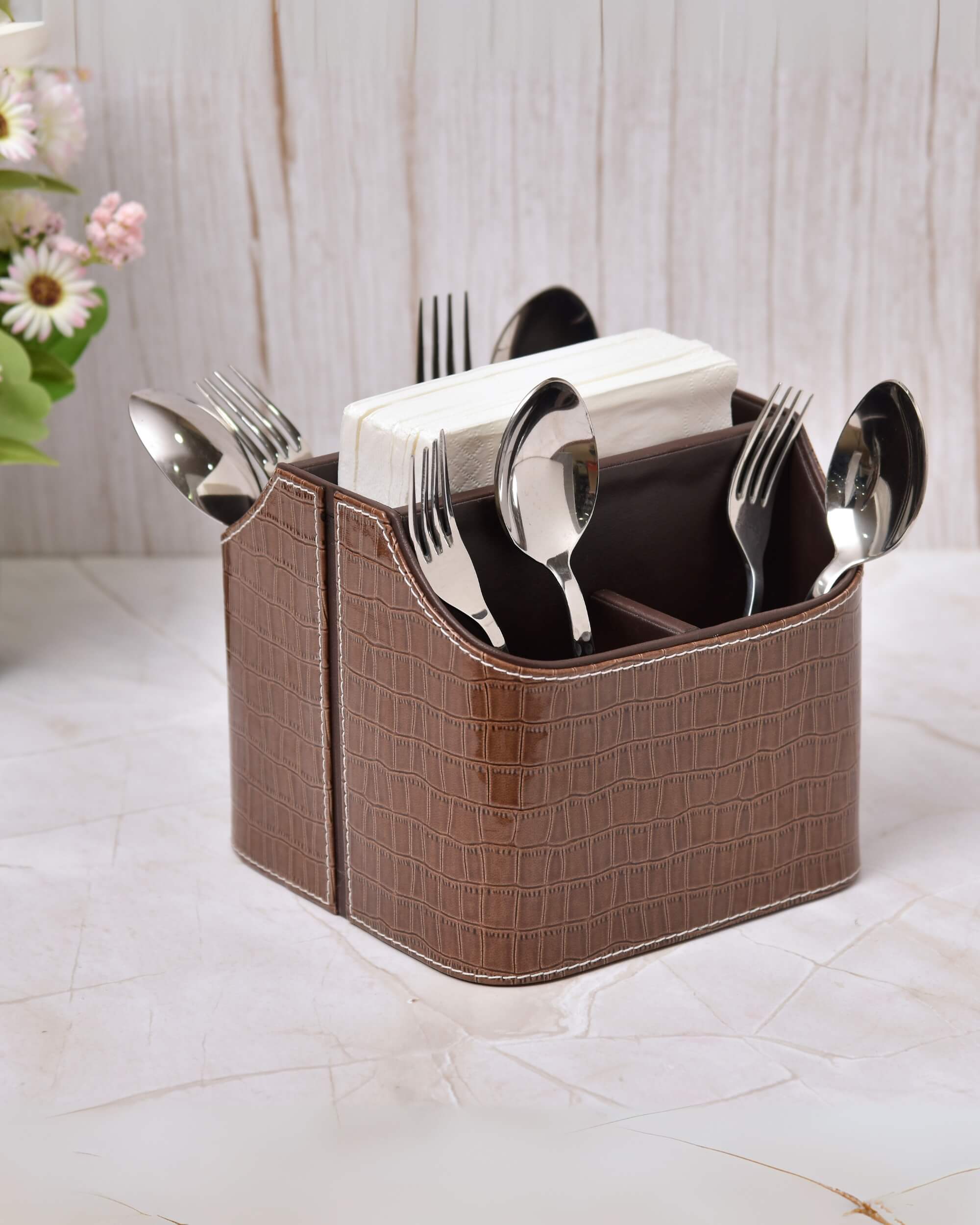 Premsons® Leatherette Cutlery Holder | Multipurpose Organizer for Kitchen and Tableware (Croc - Brown, 5 Section)