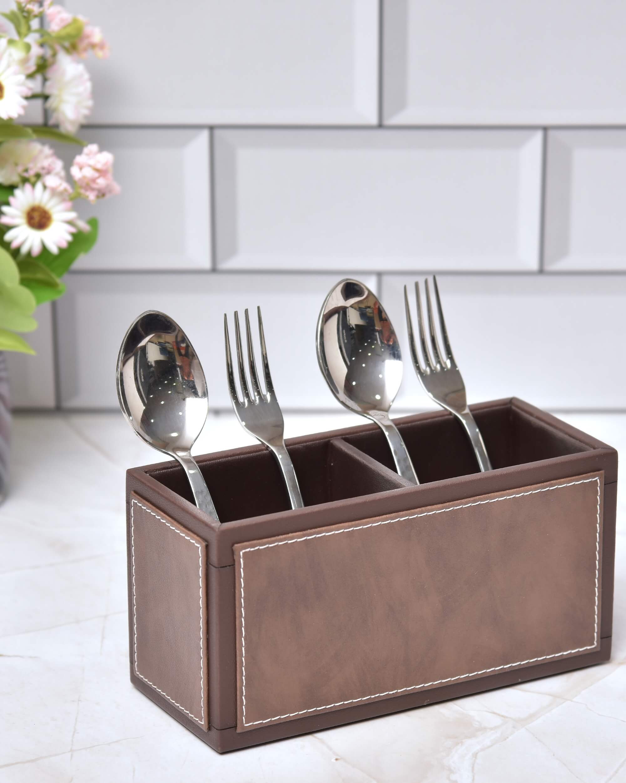 Premsons® Leatherette Cutlery Holder | Multipurpose Organizer for Kitchen and Tableware (Dark Brown & Brown, 2 Section)