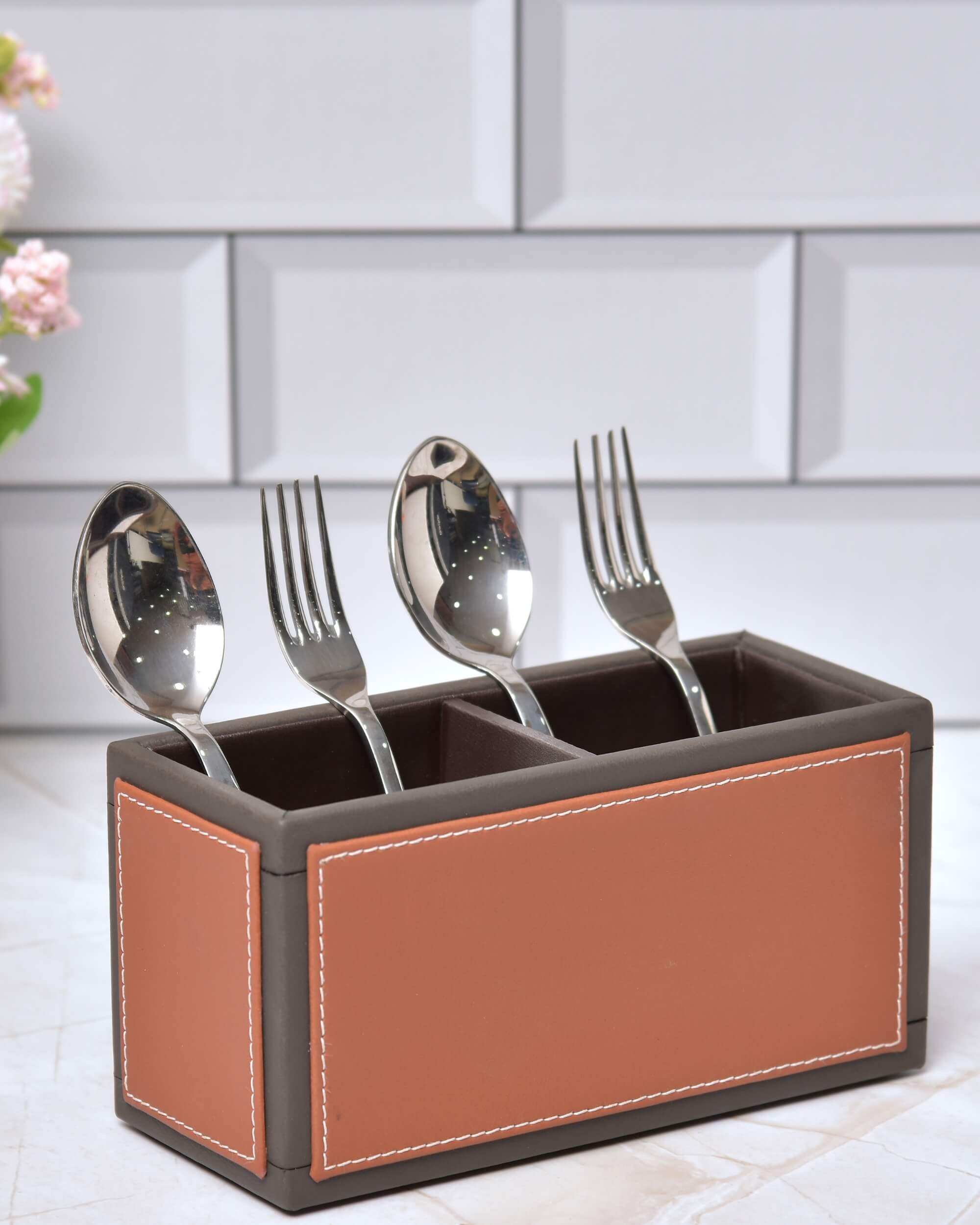 Premsons® Leatherette Cutlery Holder | Multipurpose Organizer for Kitchen and Tableware (Orange & Grey, 2 Section)
