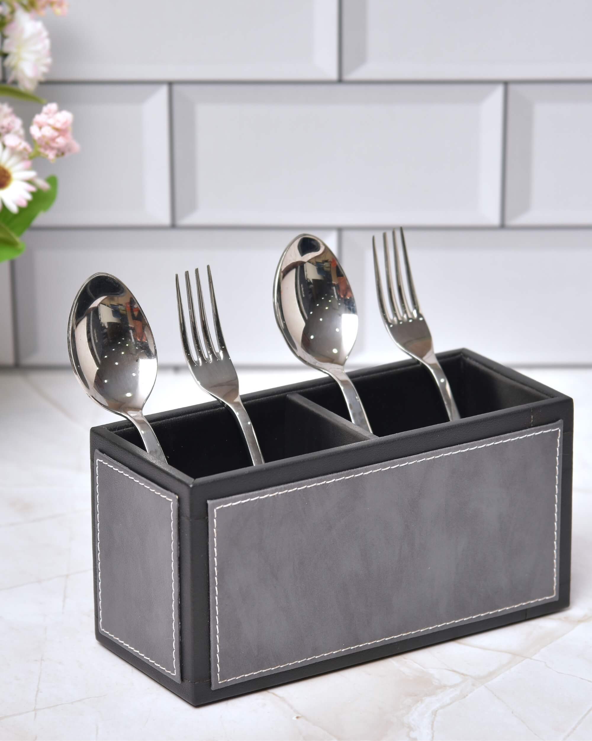 Premsons® Leatherette Cutlery Holder | Multipurpose Organizer for Kitchen and Tableware (Grey & Black, 2 Section)