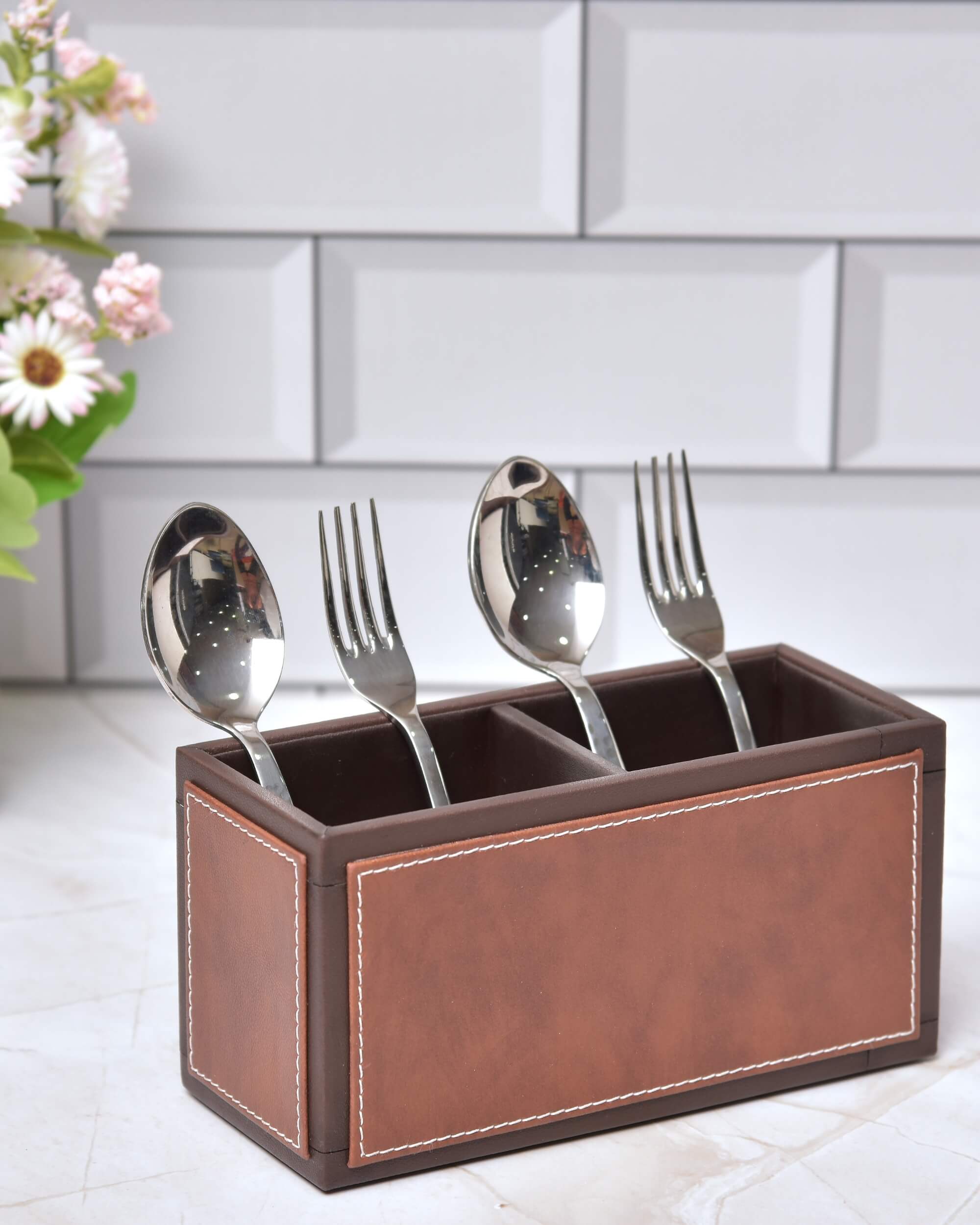 Premsons® Leatherette Cutlery Holder | Multipurpose Organizer for Kitchen and Tableware (Tan & Dark Brown, 2 Section)