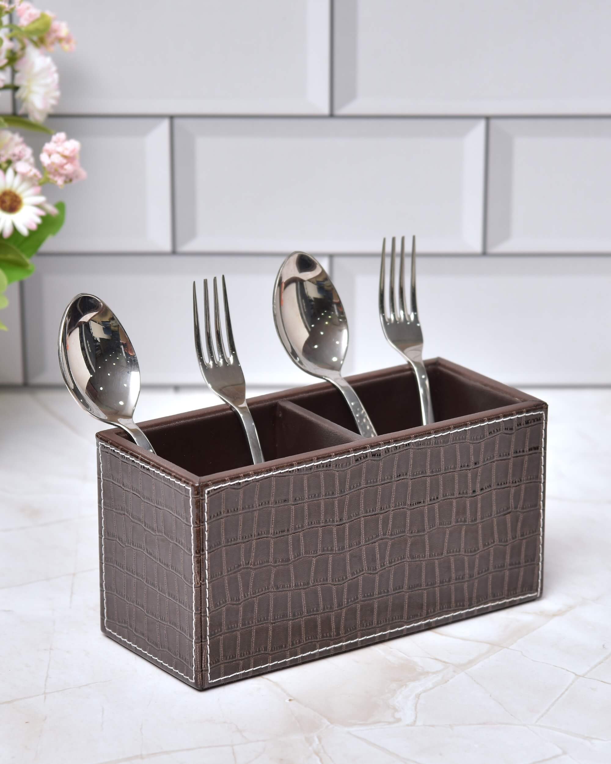Premsons® Leatherette Cutlery Holder | Multipurpose Organizer for Kitchen and Tableware (Croc-Dark Brown, 2 Section)