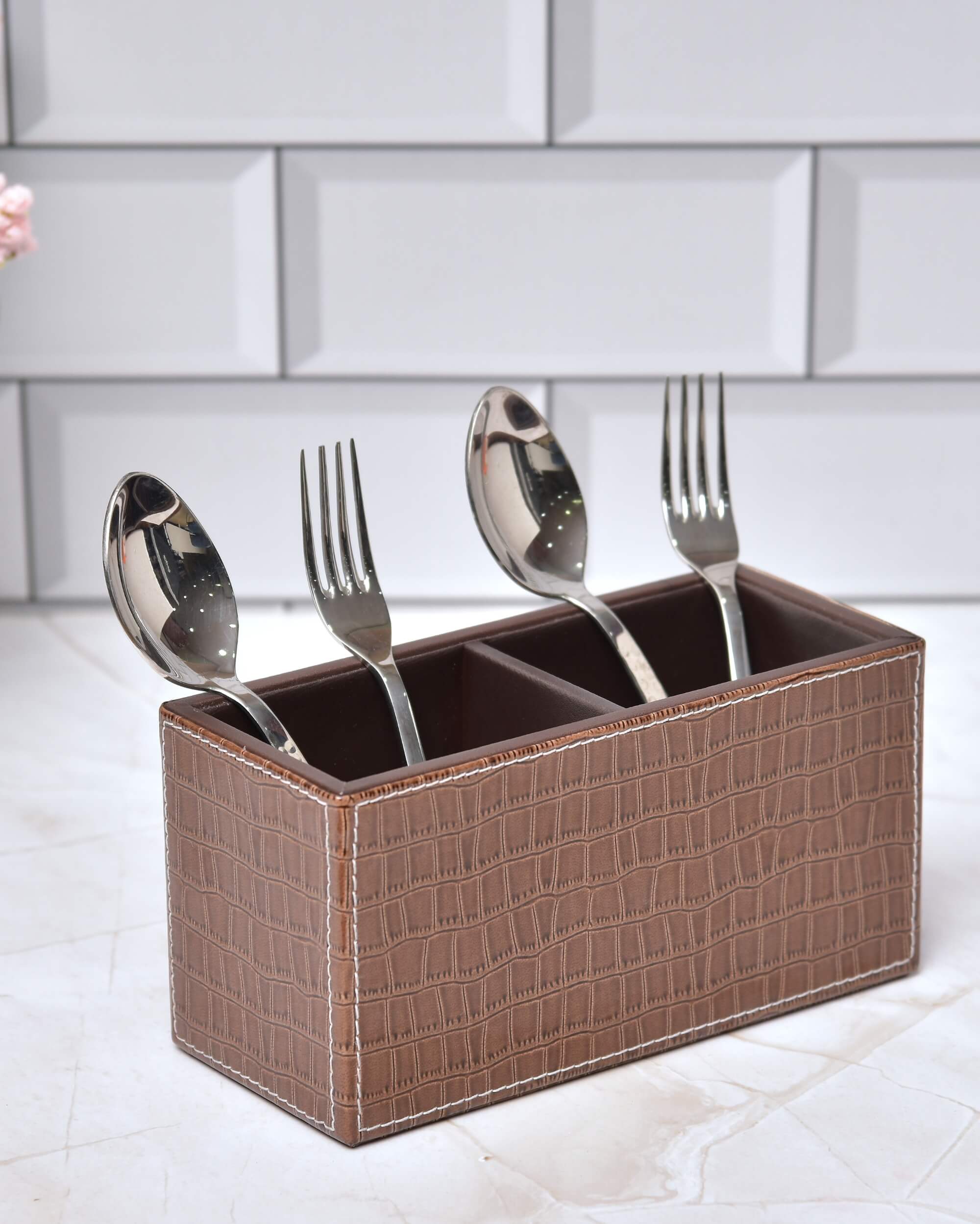 Premsons® Leatherette Cutlery Holder | Multipurpose Organizer for Kitchen and Tableware (Croc-Brown, 2 Section)