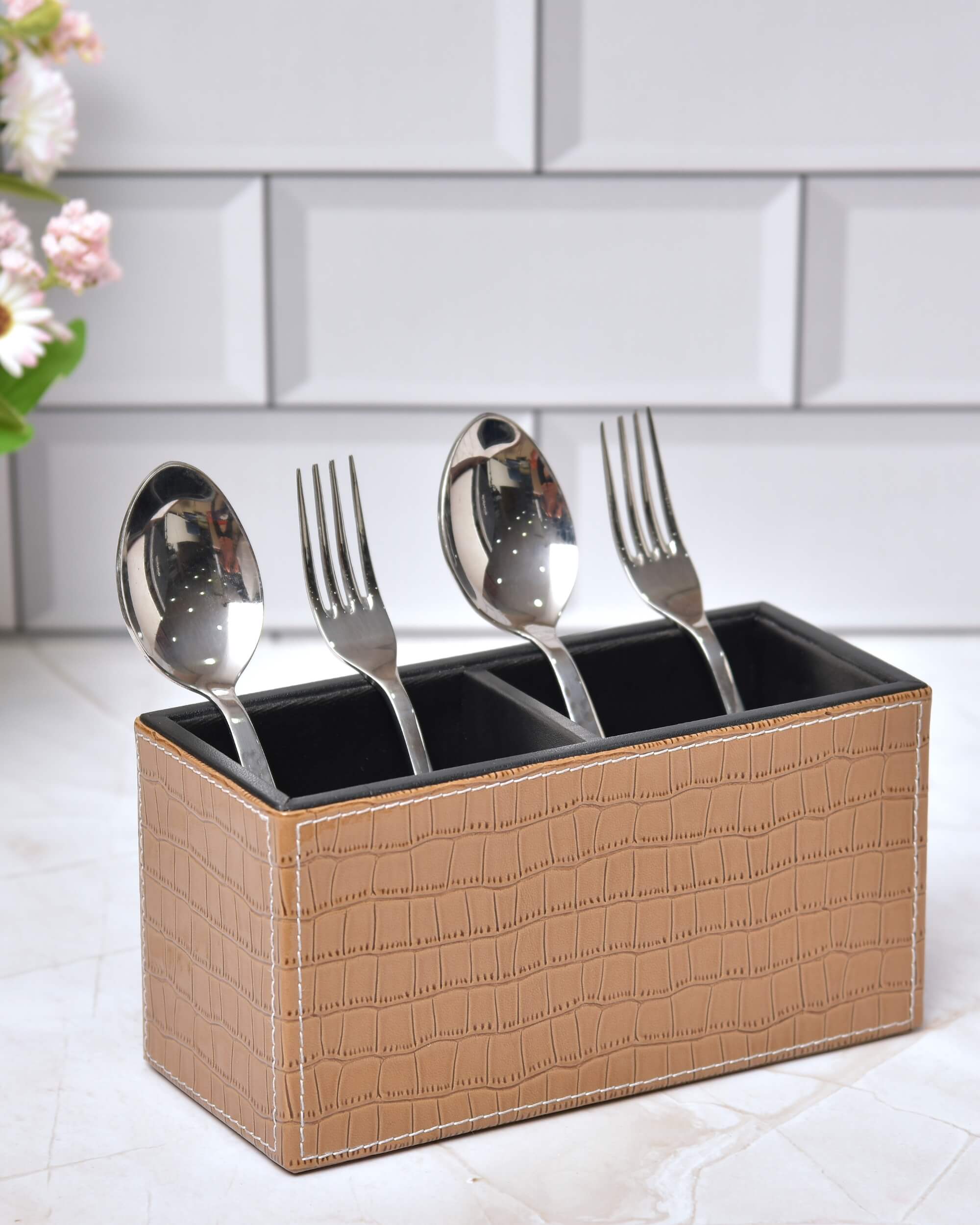 Premsons® Leatherette Cutlery Holder | Multipurpose Organizer for Kitchen and Tableware (Croc-Light Brown, 2 Section)