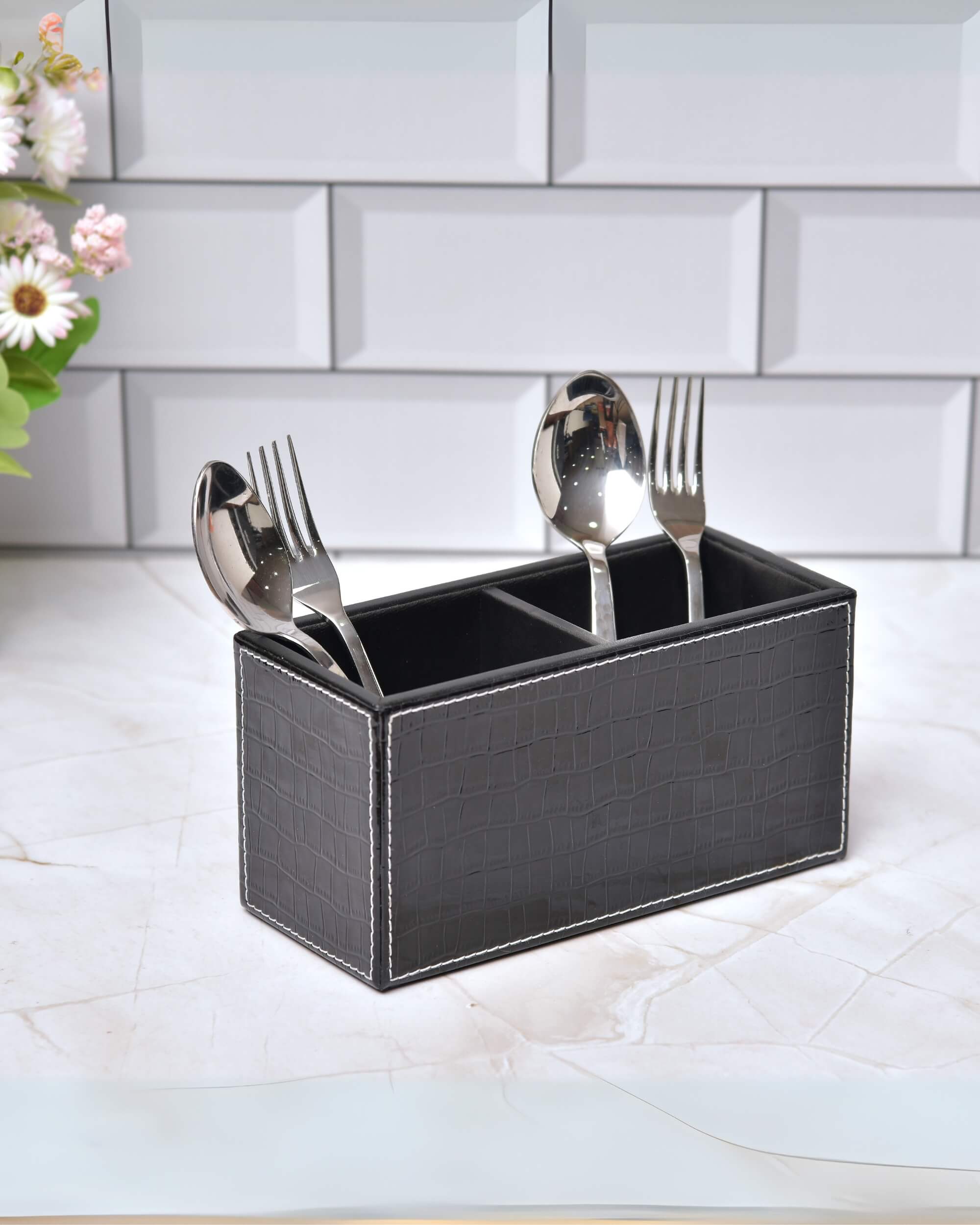 Premsons® Leatherette Cutlery Holder | Multipurpose Organizer for Kitchen and Tableware (Croc-Black, 2 Section)