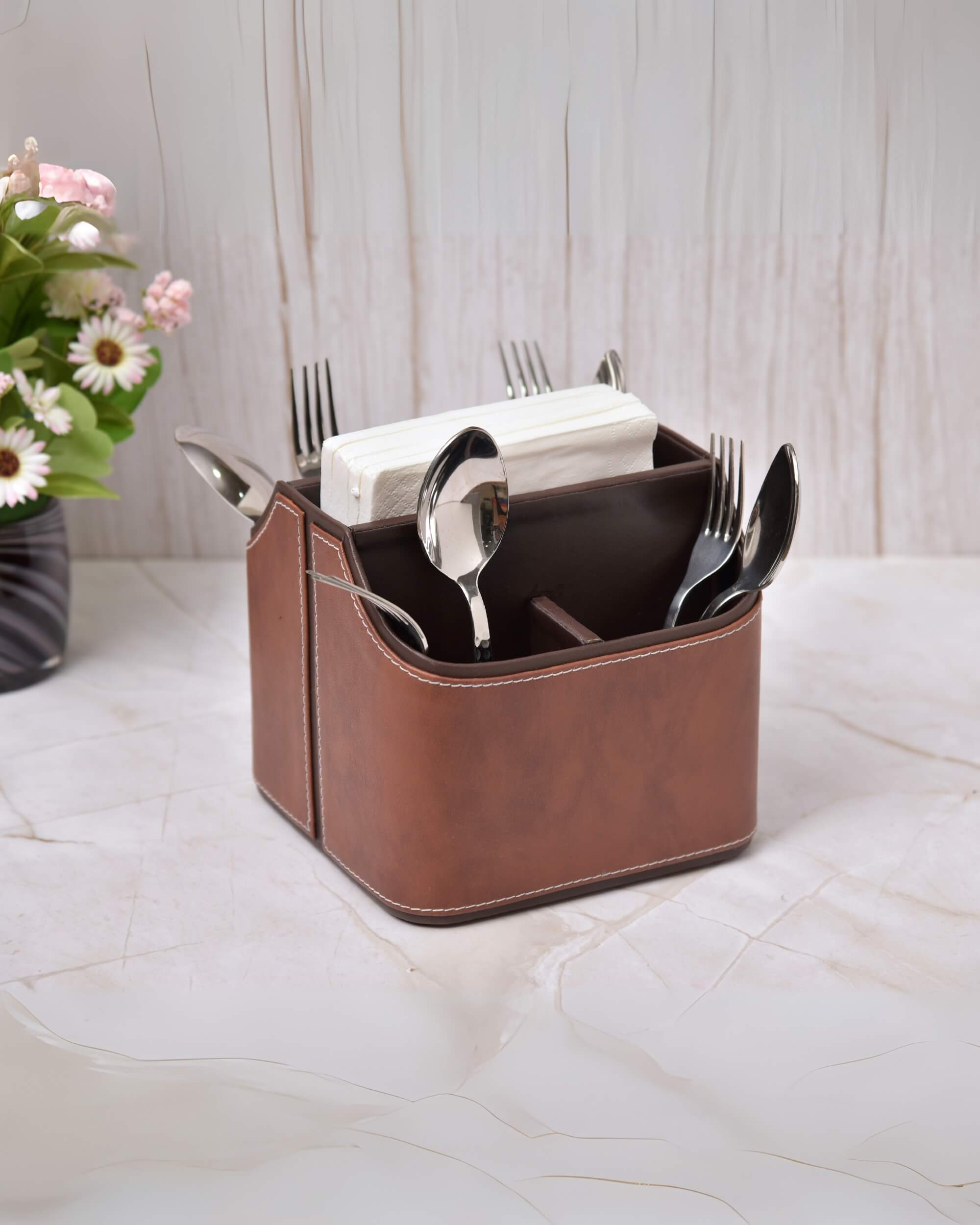 Premsons® Leatherette Cutlery Holder | Multipurpose Organizer for Kitchen and Tableware (Tan & Dark Brown, 5 Section)