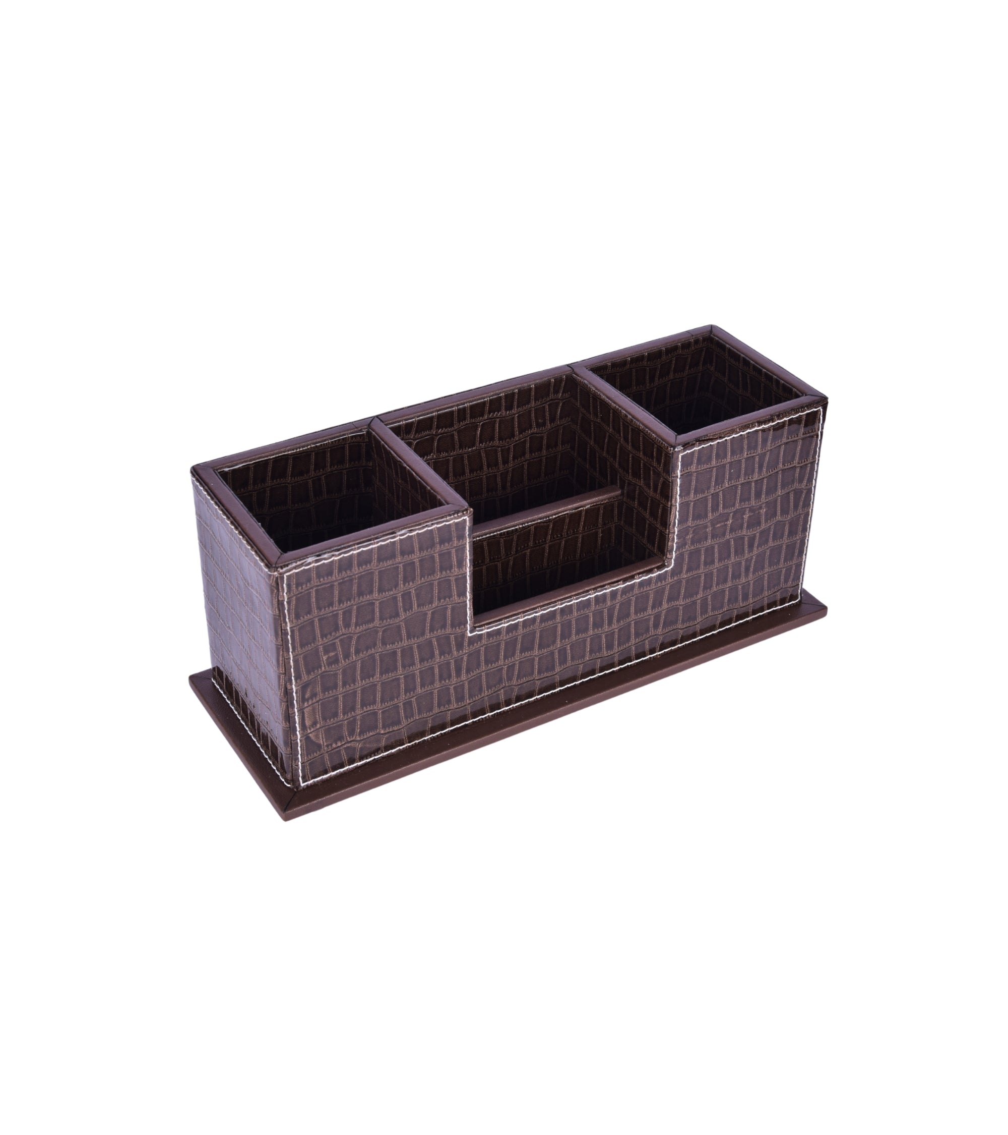 Beige croc vegan leather desk organizer with three compartments and pen slots
