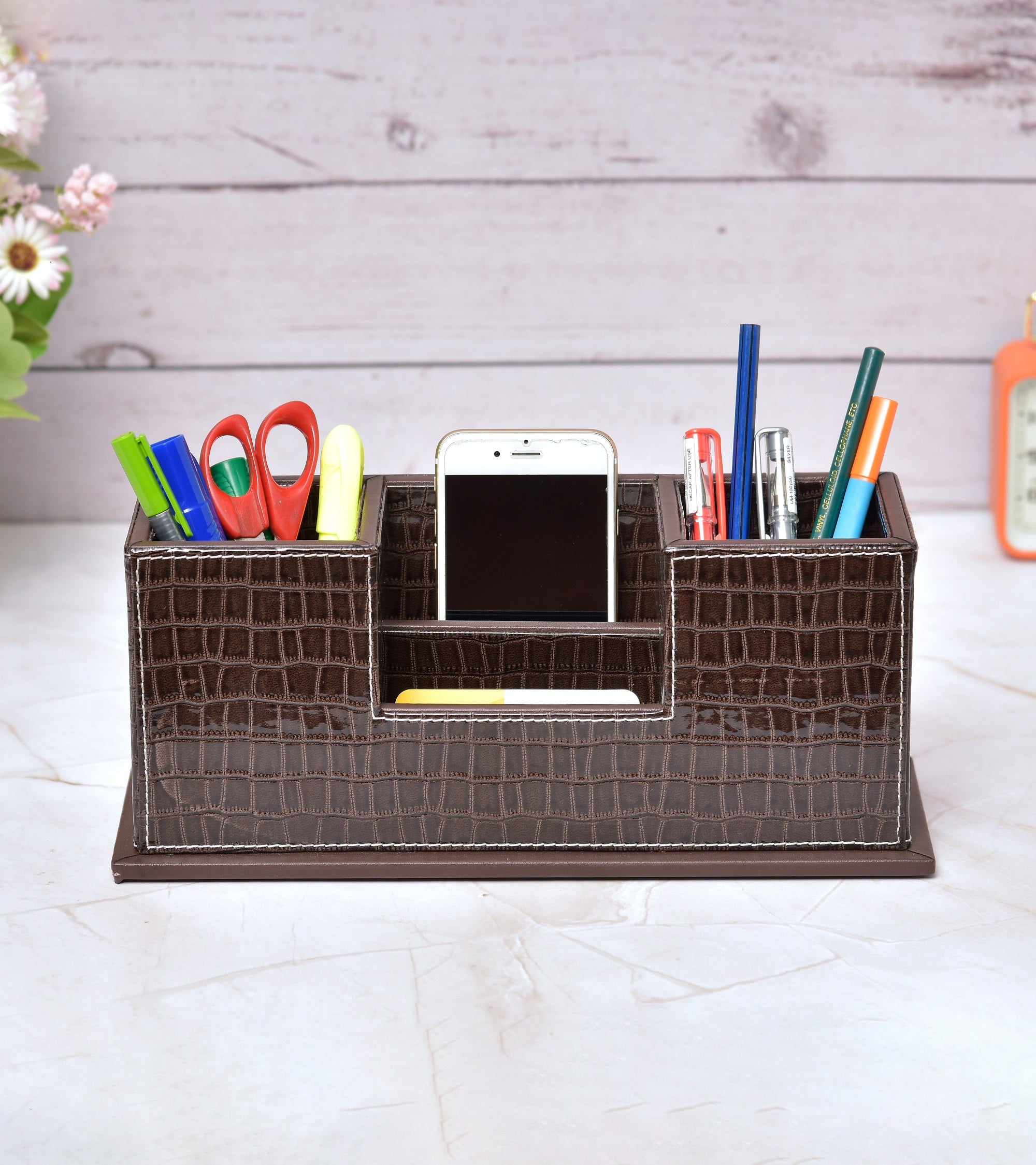 Dark croc vegan leather desk organizer with phone slot and pen compartments