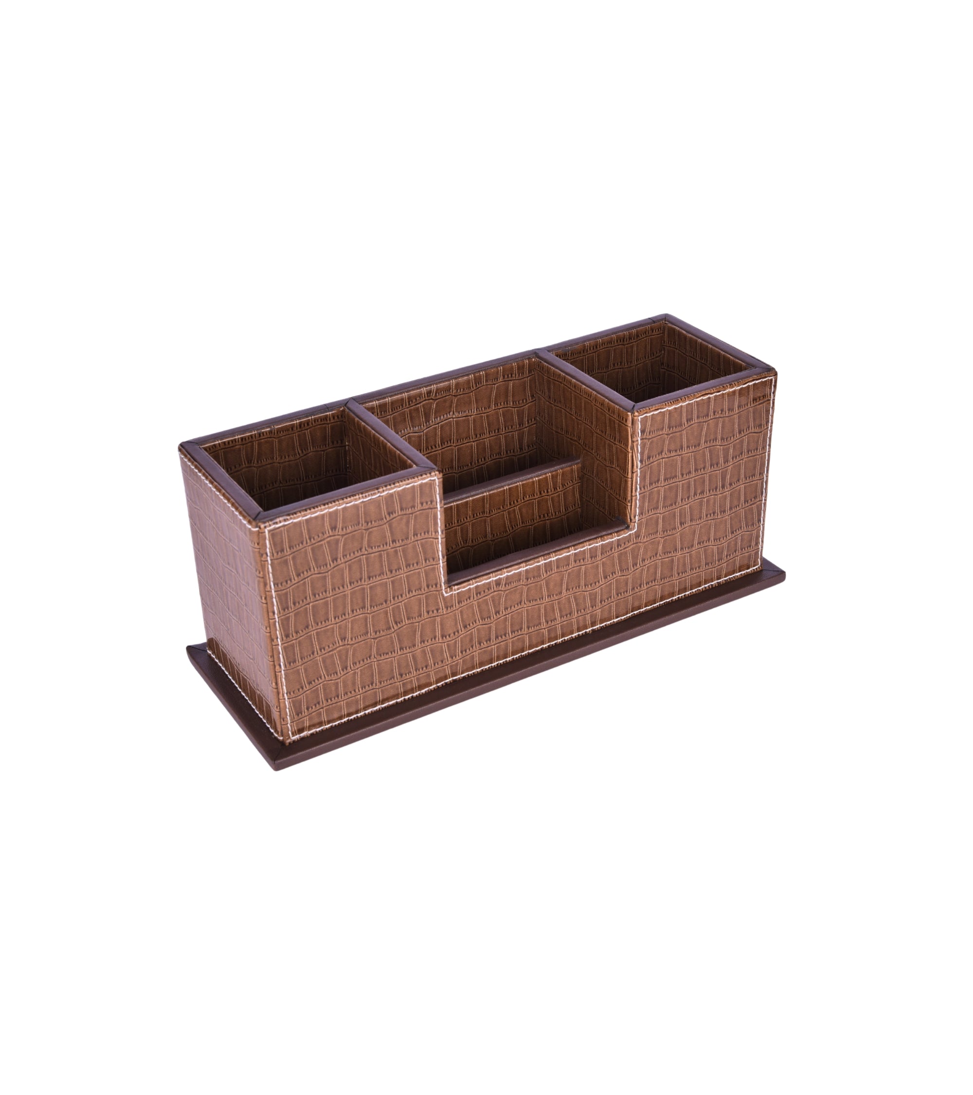 Dark brown croc vegan leather desk organizer with three compartments and pen slots