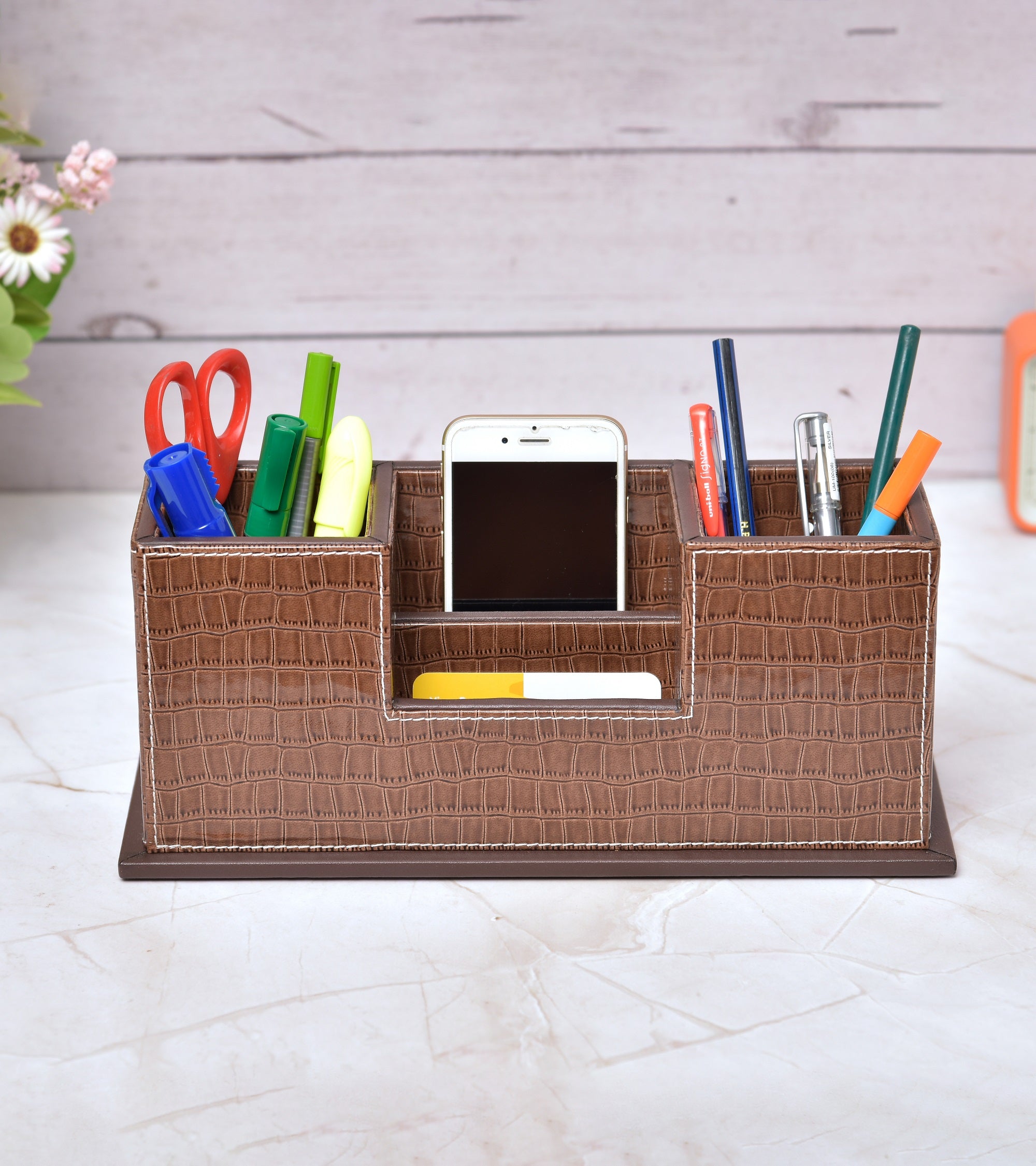 Dark brown croc vegan leather desk organizer with phone slot and three pen compartments
