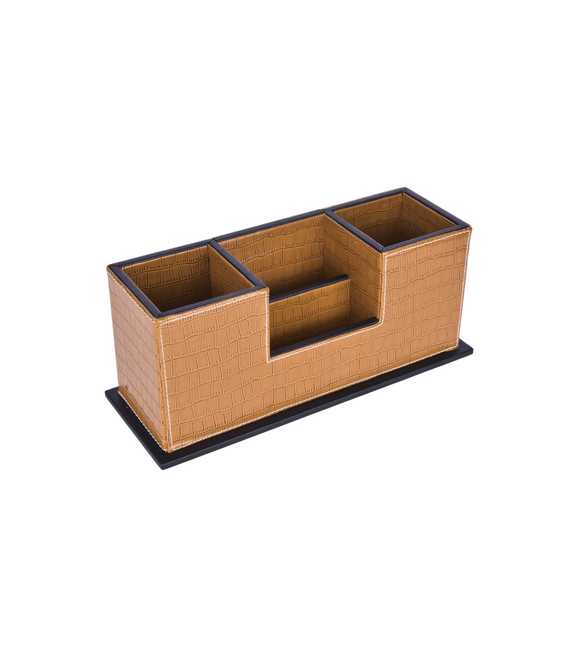 Light brown croc vegan leather desk organizer, three compartments and pen slots