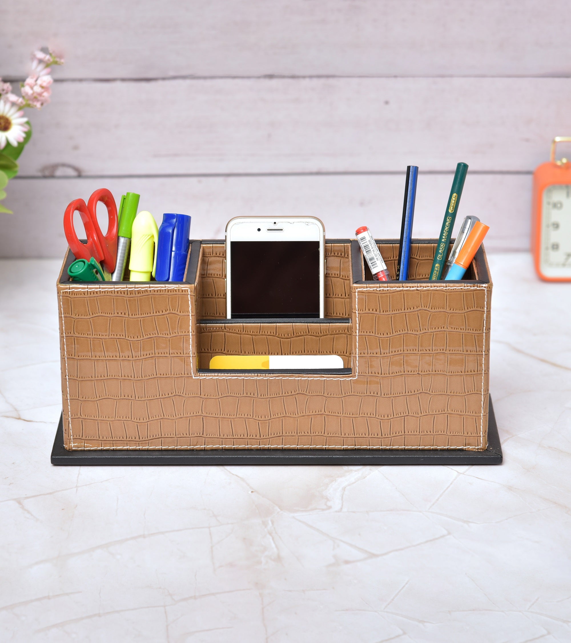 Premsons® Leatherette 4-Compartment Desk Organizer | Stylish & Functional Office Stationery Holder | Multi-Compartment Storage for Home, Office & Study Table (Light Brown)