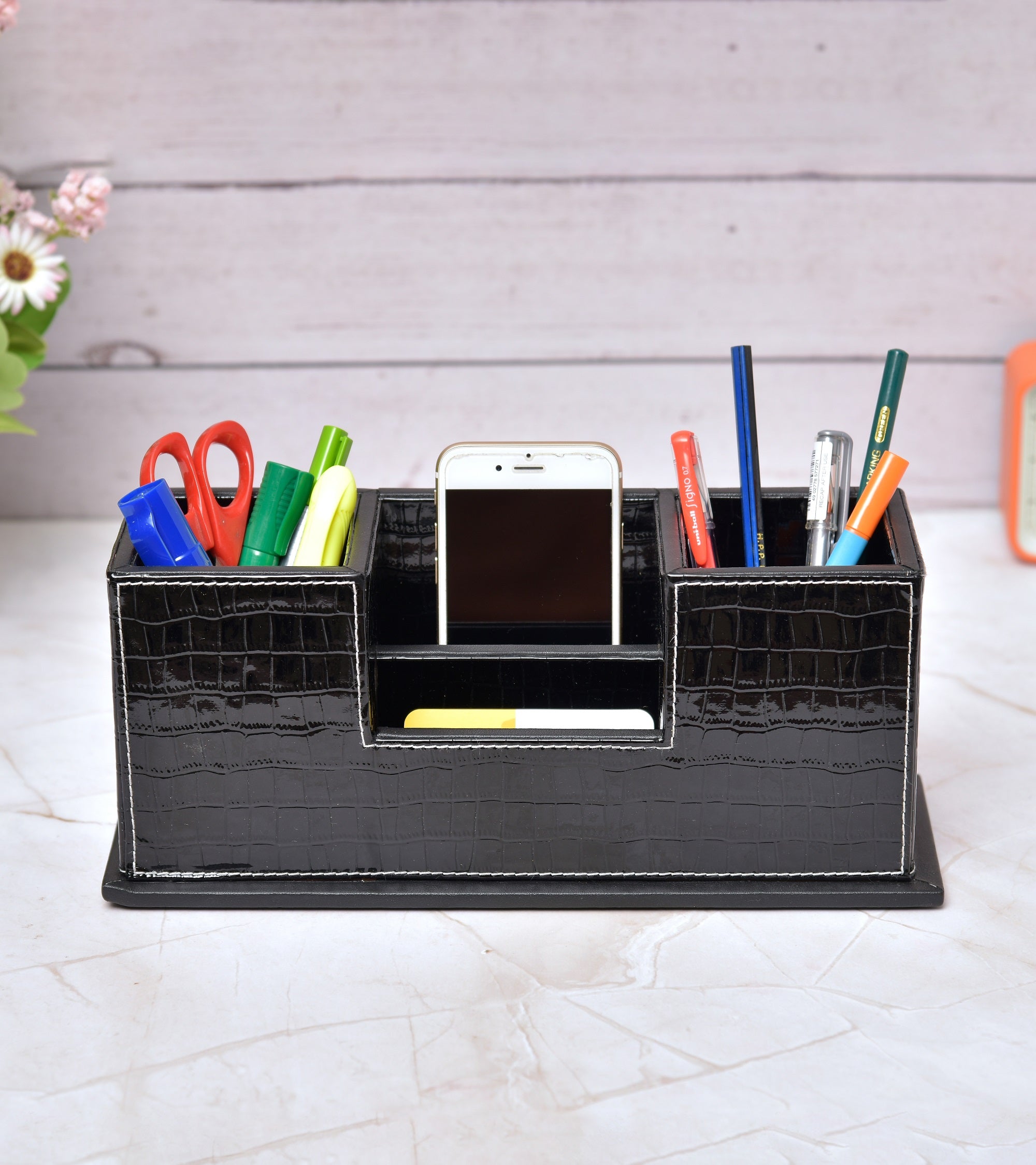 Premsons® Desk Organizer Croc Vegan Leather - Stylish Black Leatherette Organizers for Home & Office - Durable Faux Leather Stationery Holder, Elegant Design - Black