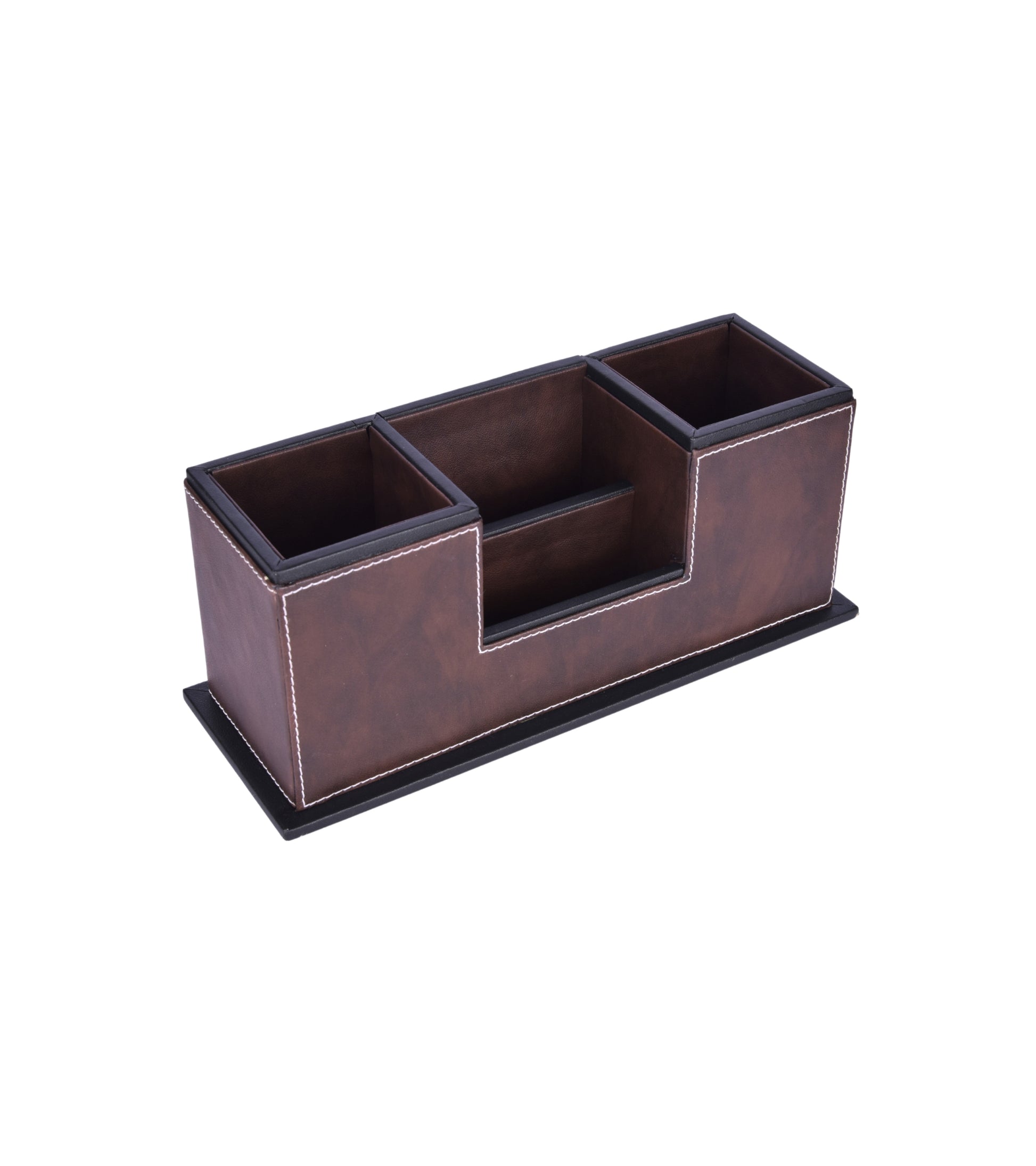 Two-compartment desk organizer with central slot, dark brown faux leather look