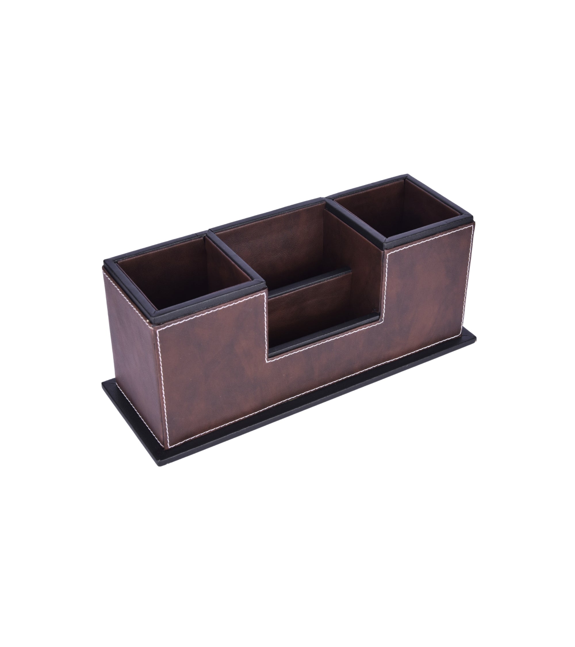 Two-compartment desk organizer with central slot, dark brown faux leather look