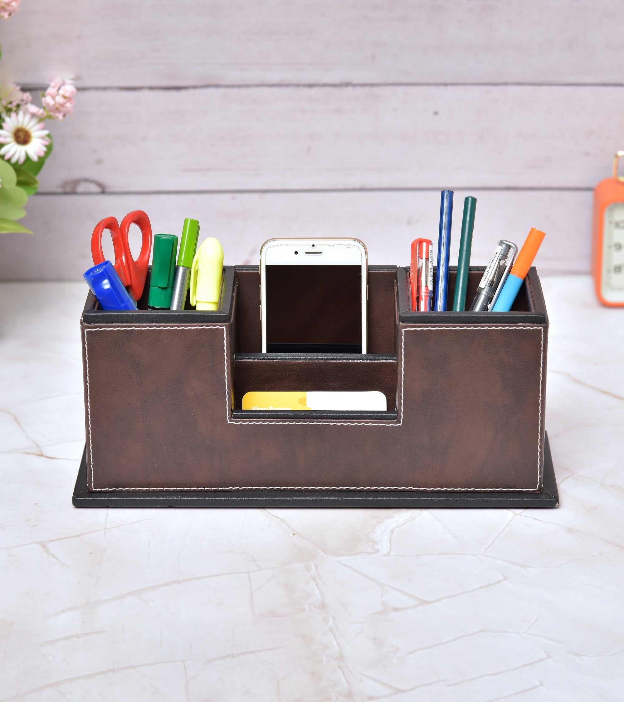Two-compartment desk organizer with phone slot, dark brown faux leather look with stationery