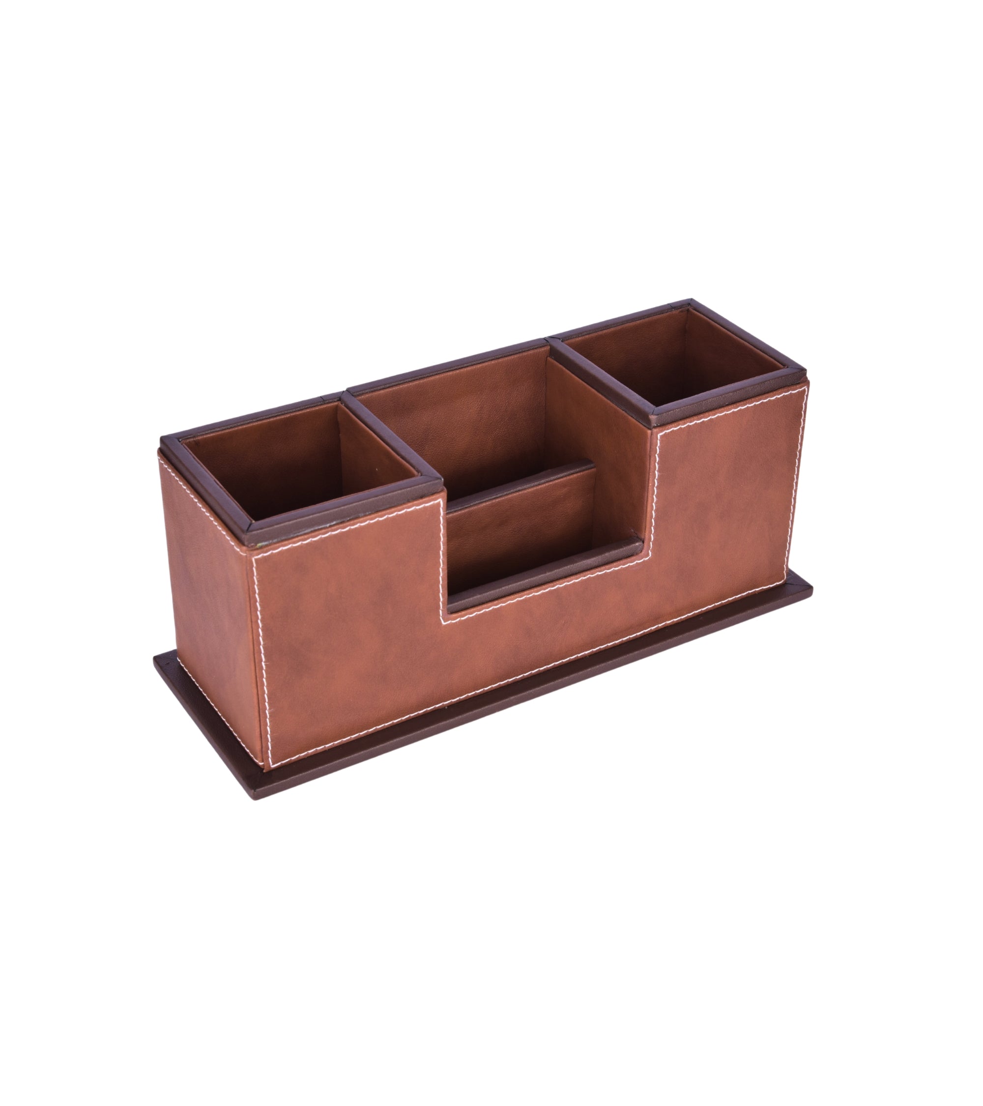 Two-compartment desk organizer with central slot, medium brown vegan leather look
