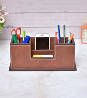 Premsons® Desk Organizer Two-Tone Vegan Leather - Stylish Tan Leatherette Organizers for Home & Office - Durable Faux Leather Stationery Holder, Elegant Design - Tan + Dark Brown Colour