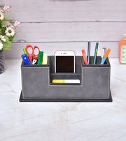 Premsons® Desk Organizer Two-Tone Vegan Leather - Stylish Grey Leatherette Organizers for Home & Office - Durable Faux Leather Stationery Holder, Elegant Design - Dark Grey + Light Grey Colour