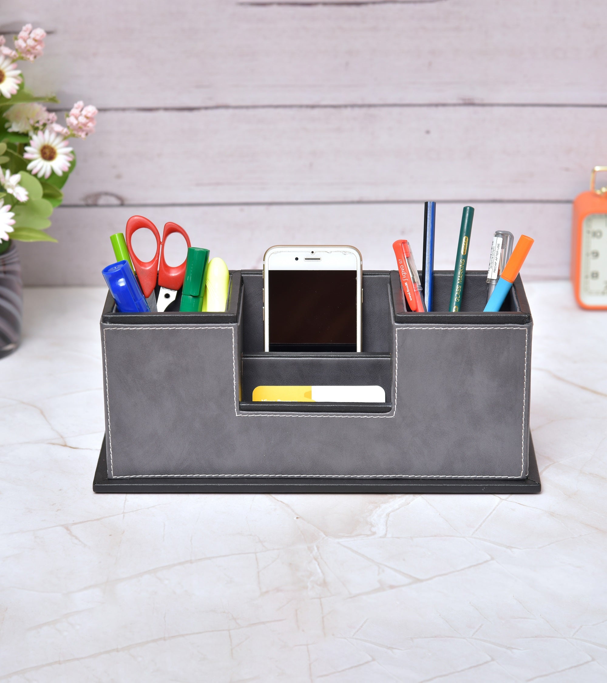 Premsons® Desk Organizer Two-Tone Vegan Leather - Stylish Grey Leatherette Organizers for Home & Office - Durable Faux Leather Stationery Holder, Elegant Design - Dark Grey + Light Grey Colour