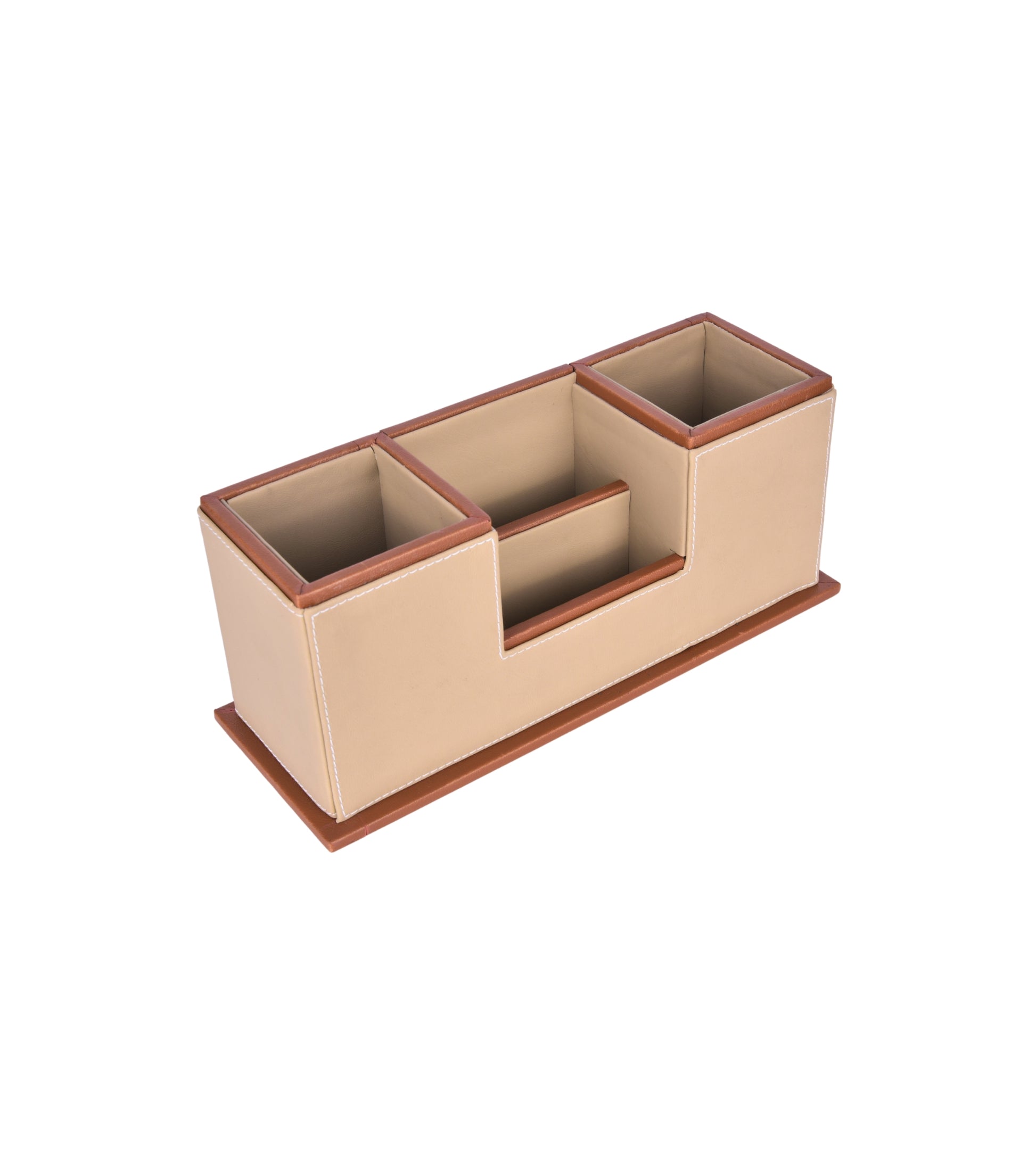 Two-compartment desk organizer with central divider, tan and light brown vegan leather look