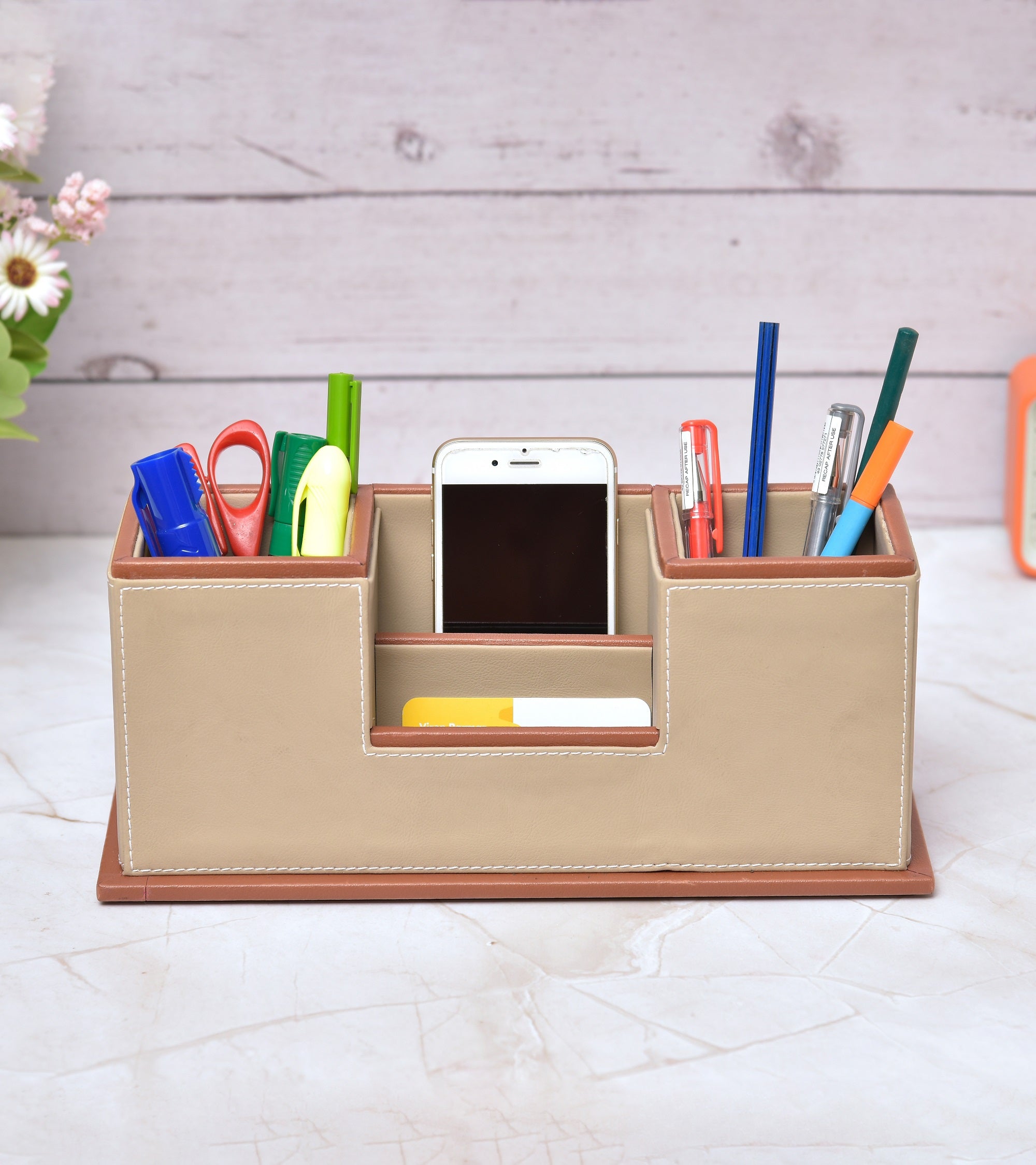 Two-compartment desk organizer with central phone slot, tan and brown faux leather look
